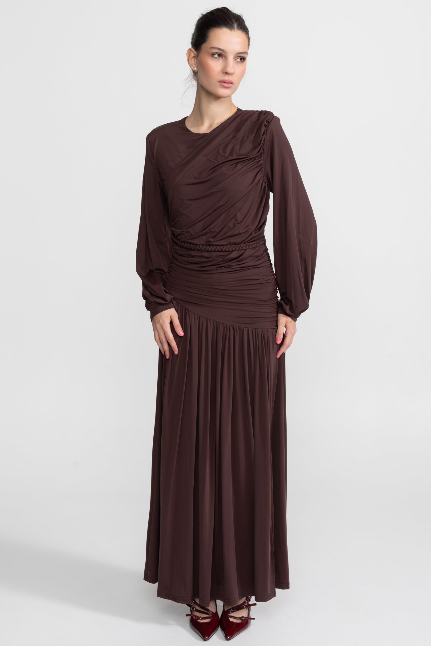 Draped Maxi Dress with Braided Waist Detail - Brown