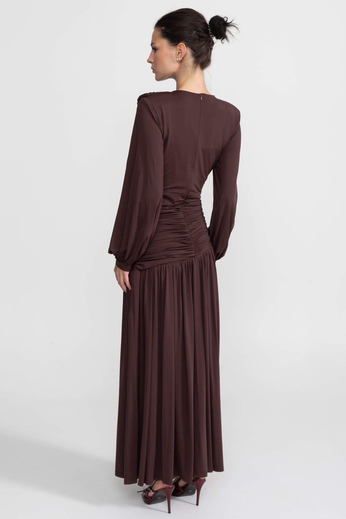 Draped Maxi Dress with Braided Waist Detail - Brown