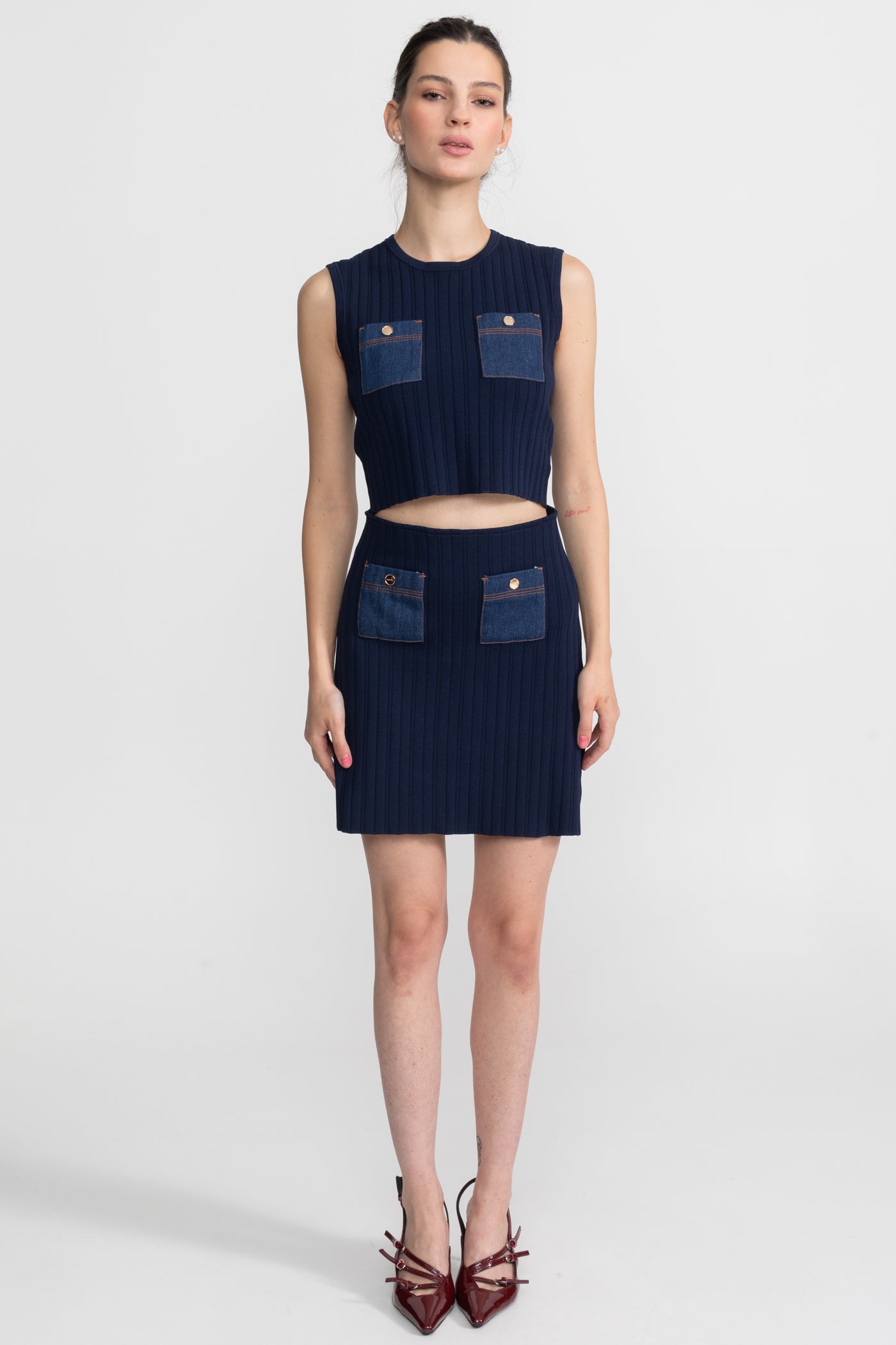 Ribbed Knit Co-ord Set with Contrast Denim Pockets - Dark Blue