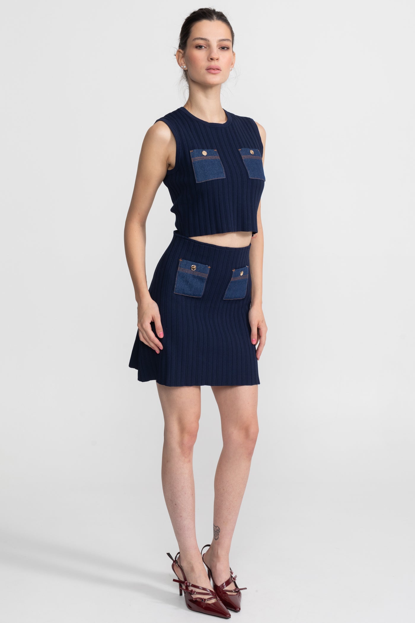 Ribbed Knit Co-ord Set with Contrast Denim Pockets - Dark Blue