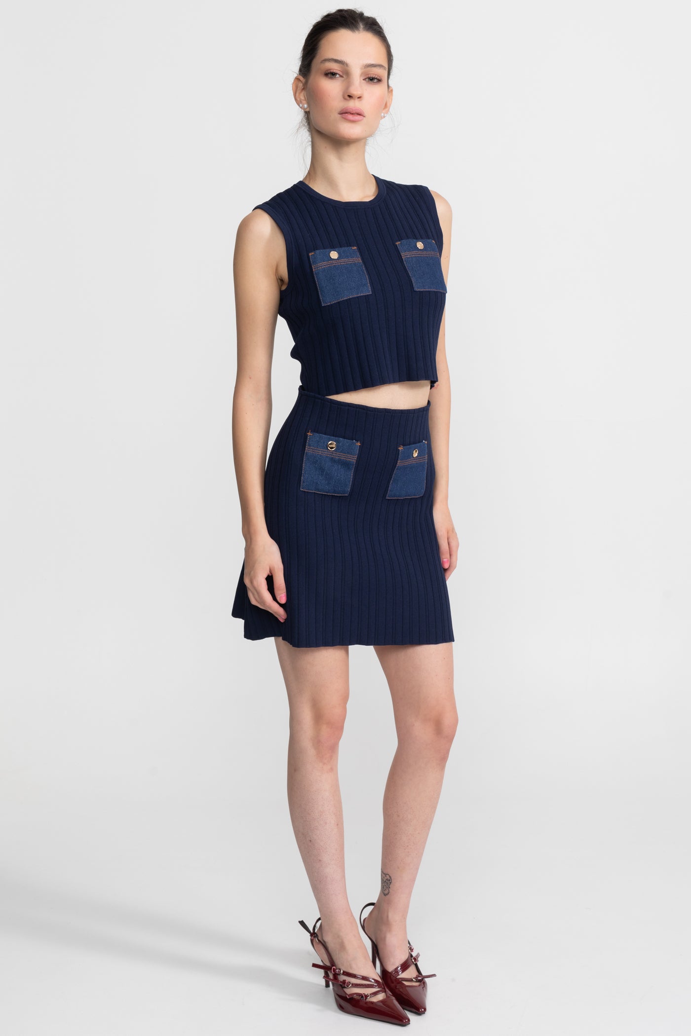 Ribbed Knit Co-ord Set with Contrast Denim Pockets - Dark Blue