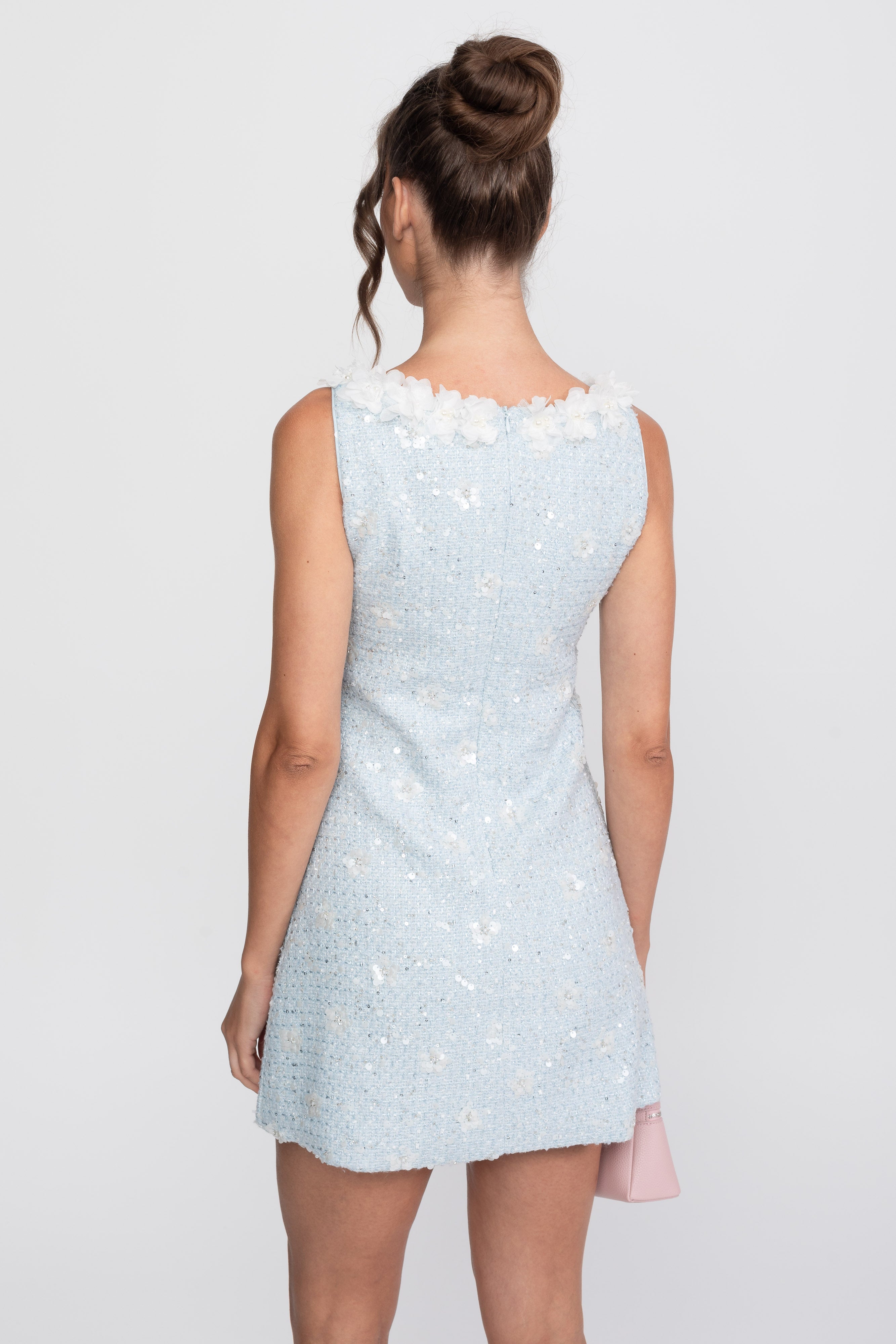 Ribbed Knit Mini Dress With Floral collar - Light Blue