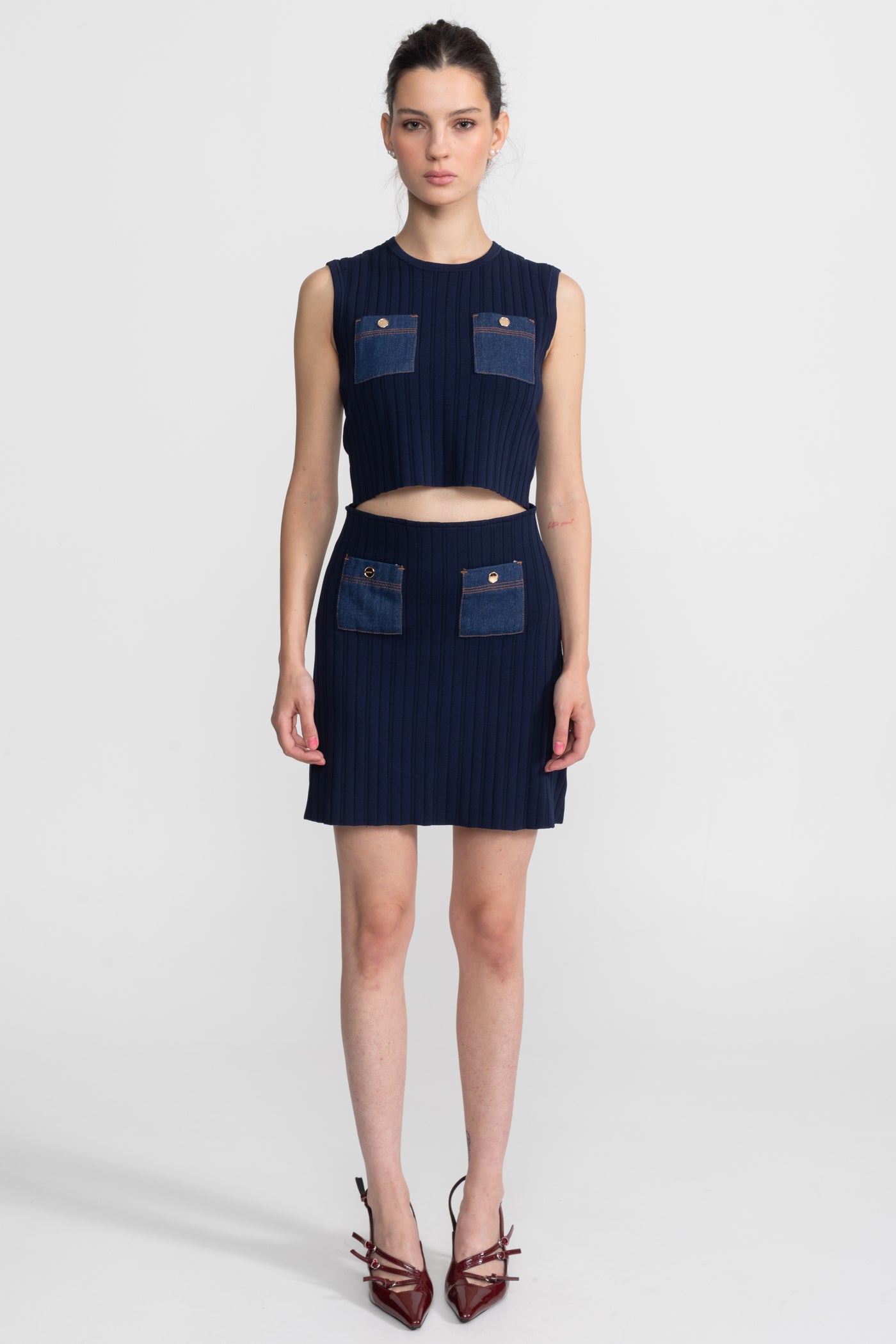 Ribbed Knit Co-ord Set with Contrast Denim Pockets - Dark Blue