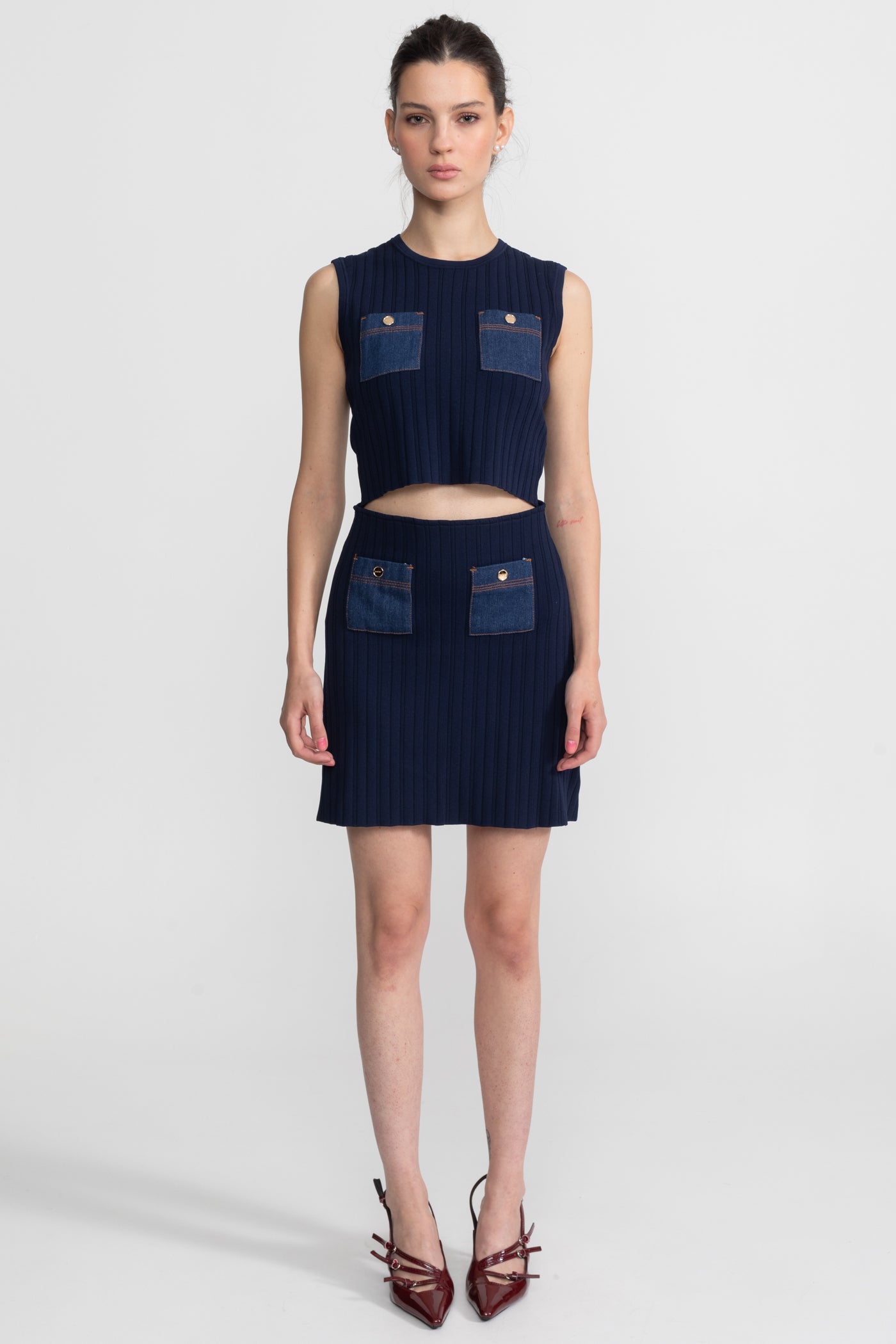 Ribbed Knit Co-ord Set with Contrast Denim Pockets - Dark Blue