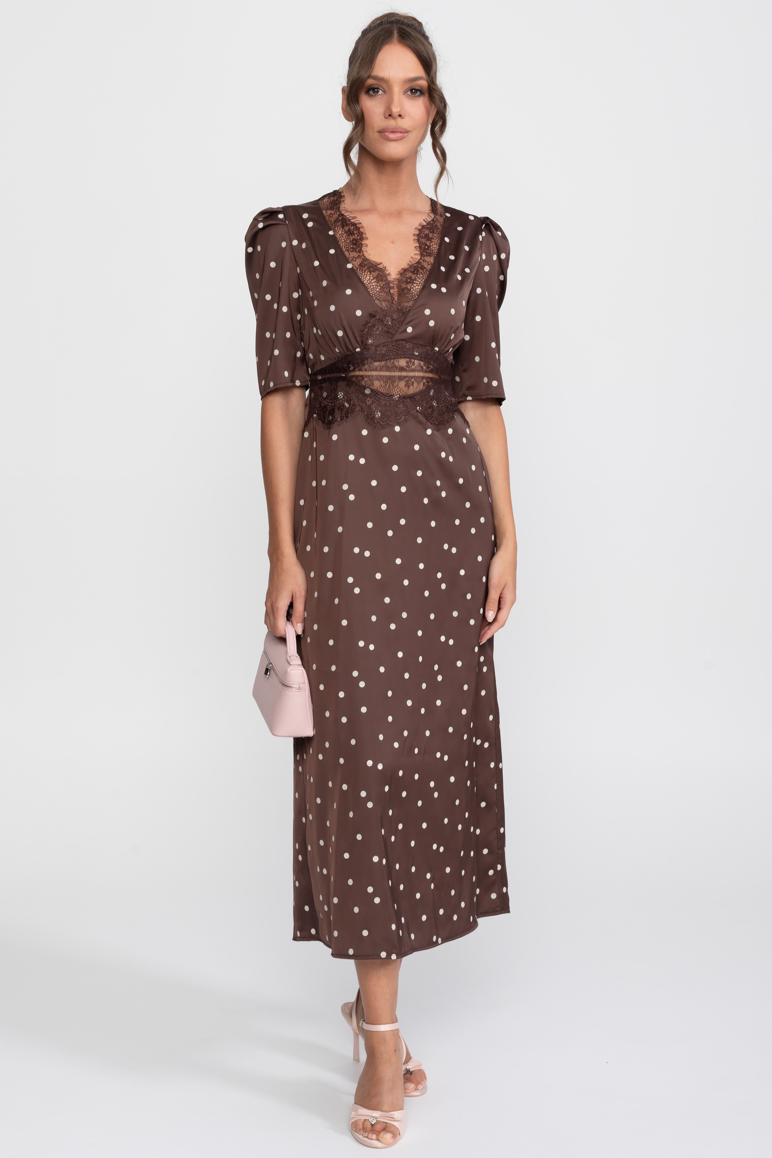 Lace-Trim Polka Dot Midi Dress With Puff Sleeves - Brown