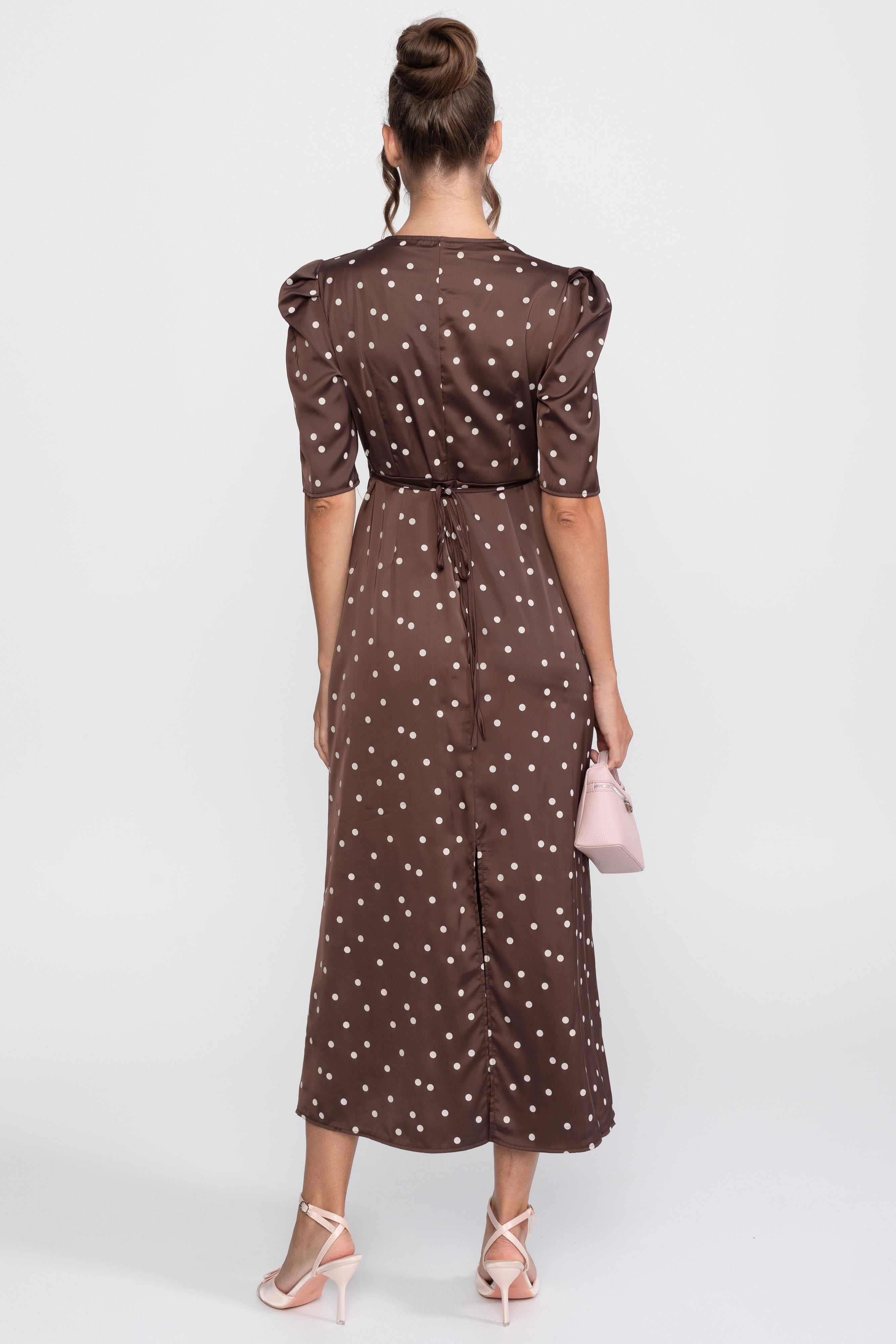 Lace-Trim Polka Dot Midi Dress With Puff Sleeves - Brown