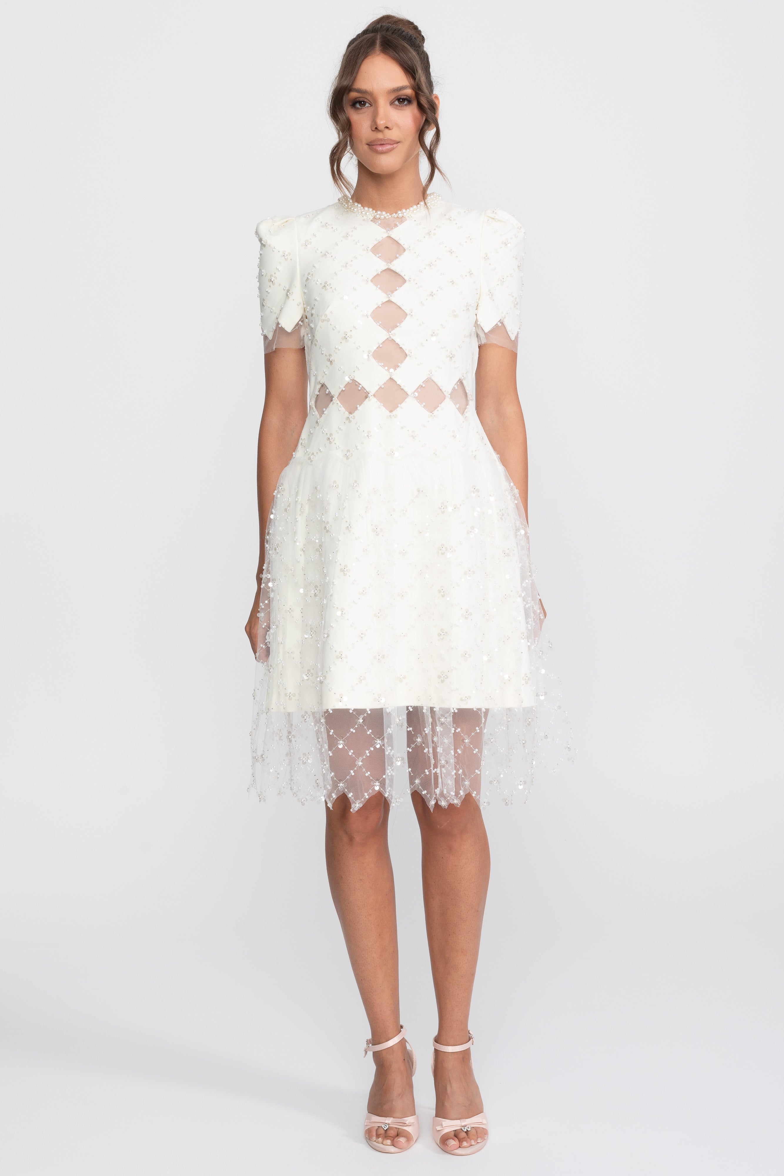 Diamond Cut-Out Beaded Dress With Pearl Trim - White