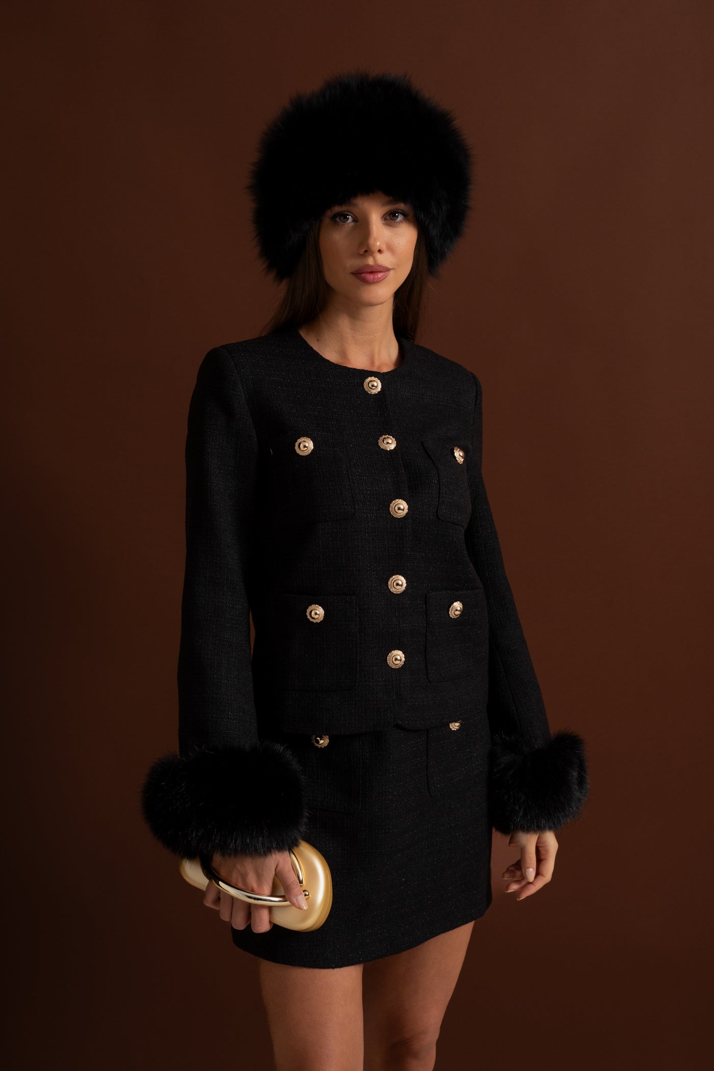 Tweed Mini Skirt With Gold Buttons – Black
