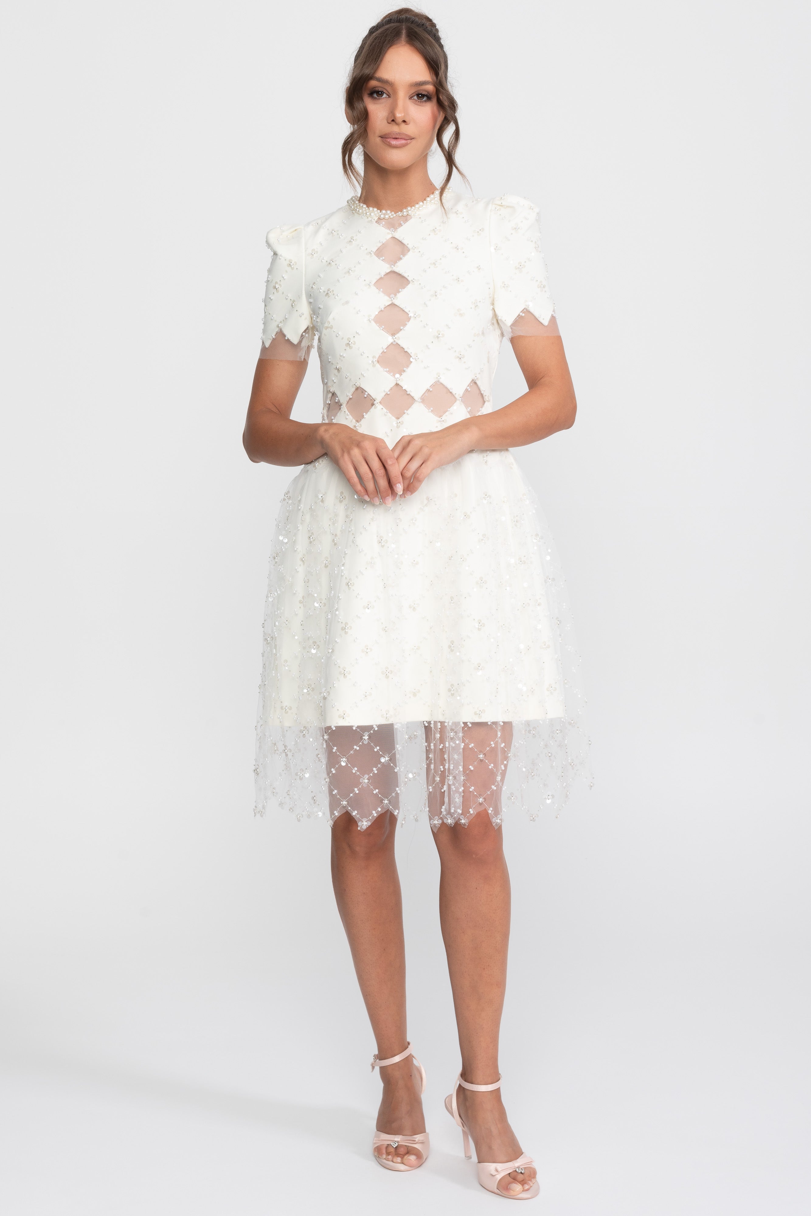 Diamond Cut-Out Beaded Dress With Pearl Trim - White