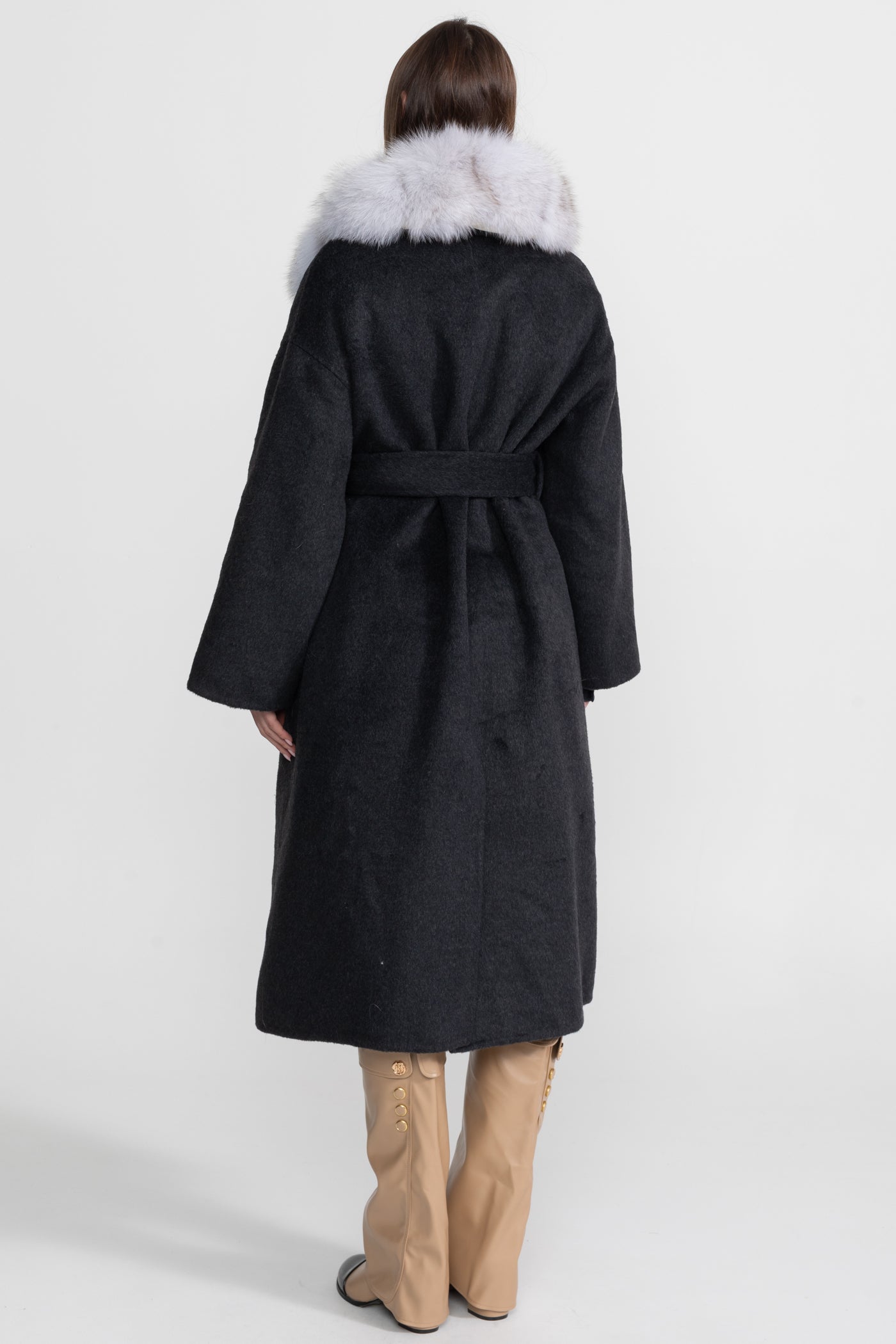 Wool Wrap Coat with Fox Fur Collar And Tie Belt – Black/Gray