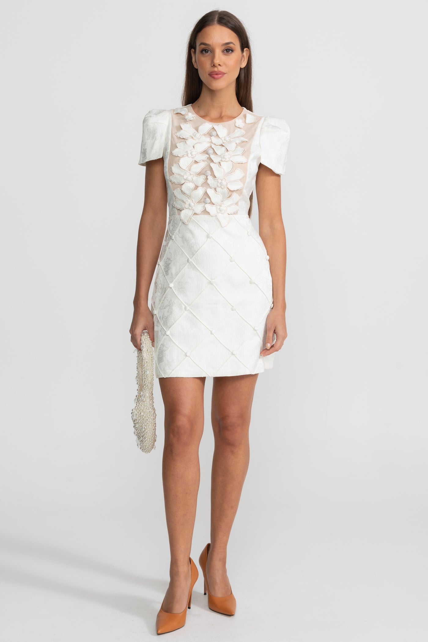 3D Floral Appliqué Mini Dress With Quilted Skirt – White