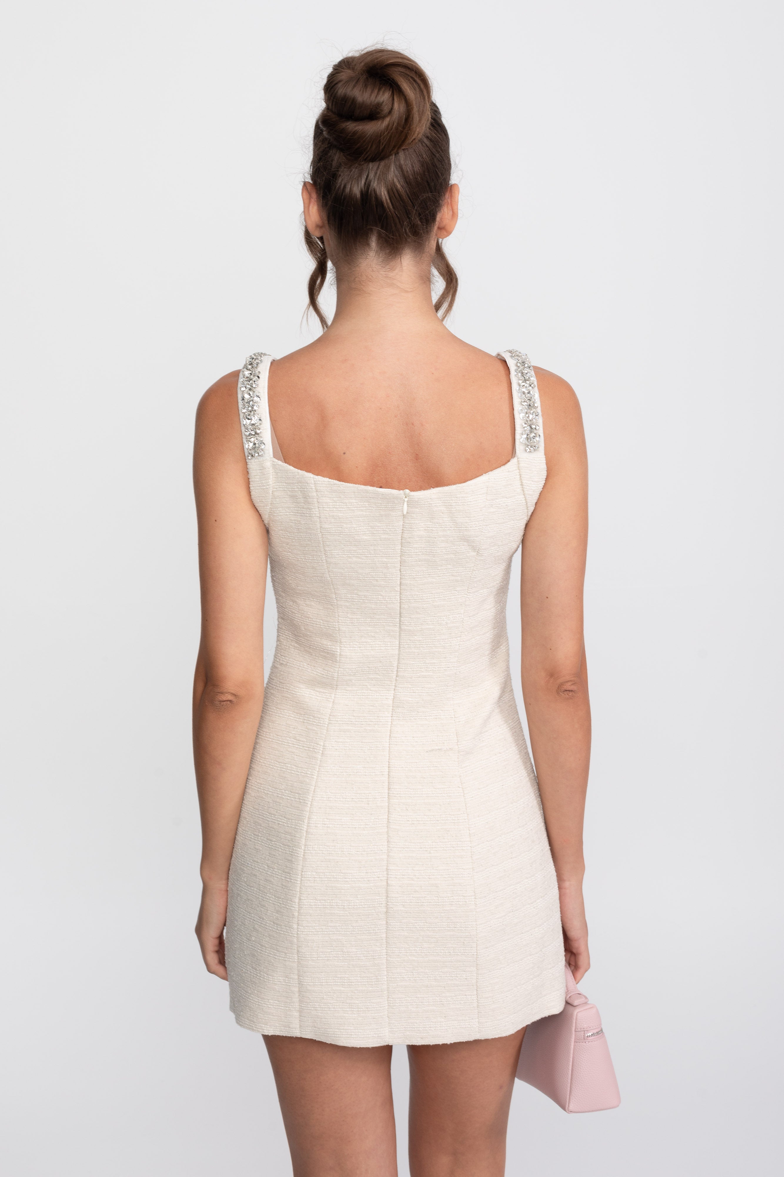 Crystal Strap Slit Mini Dress With Sparkling Button Details - Ivoire