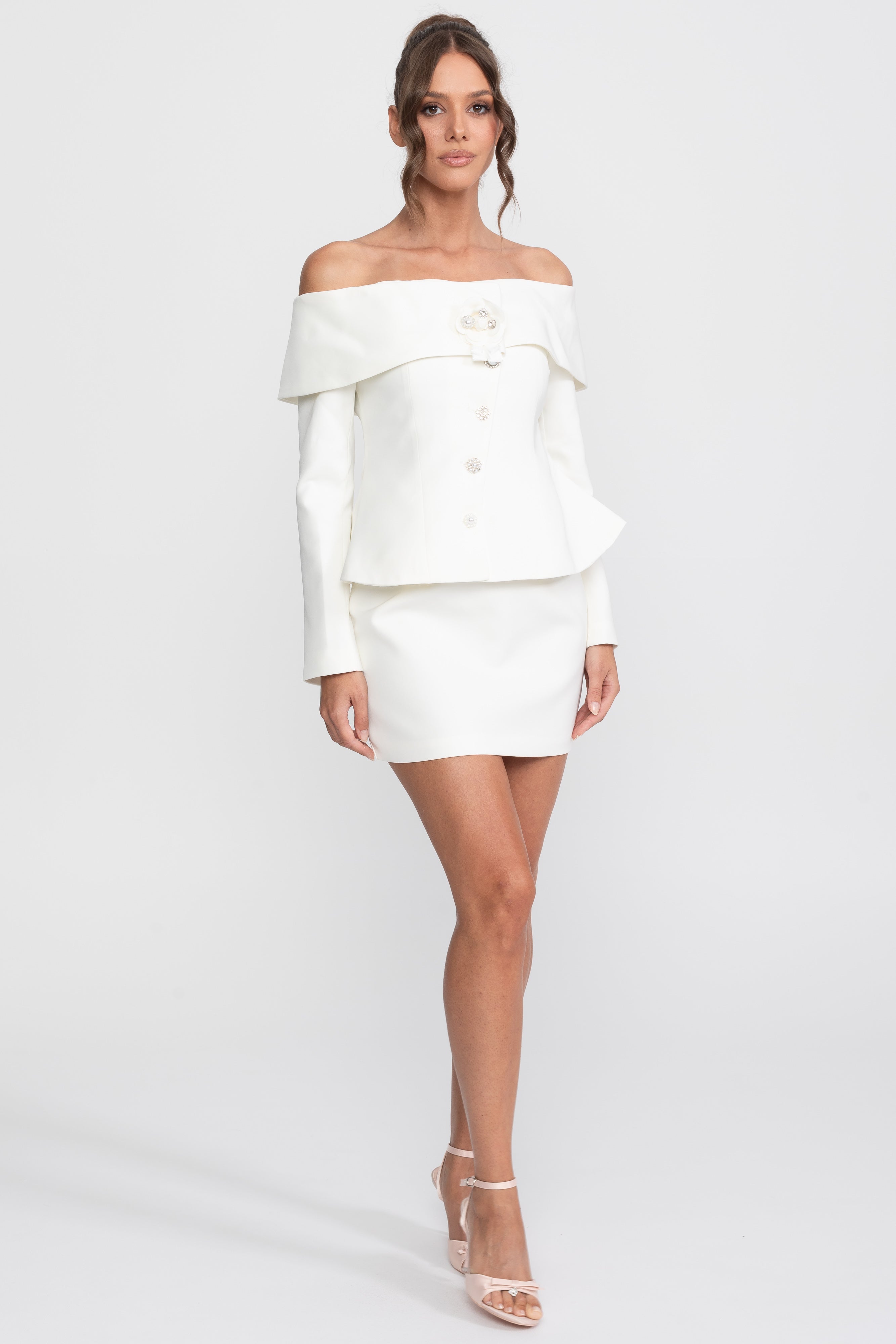 Elegant Co-ord Set With Off-Shoulder Peplum Top And Mini Skirt - White