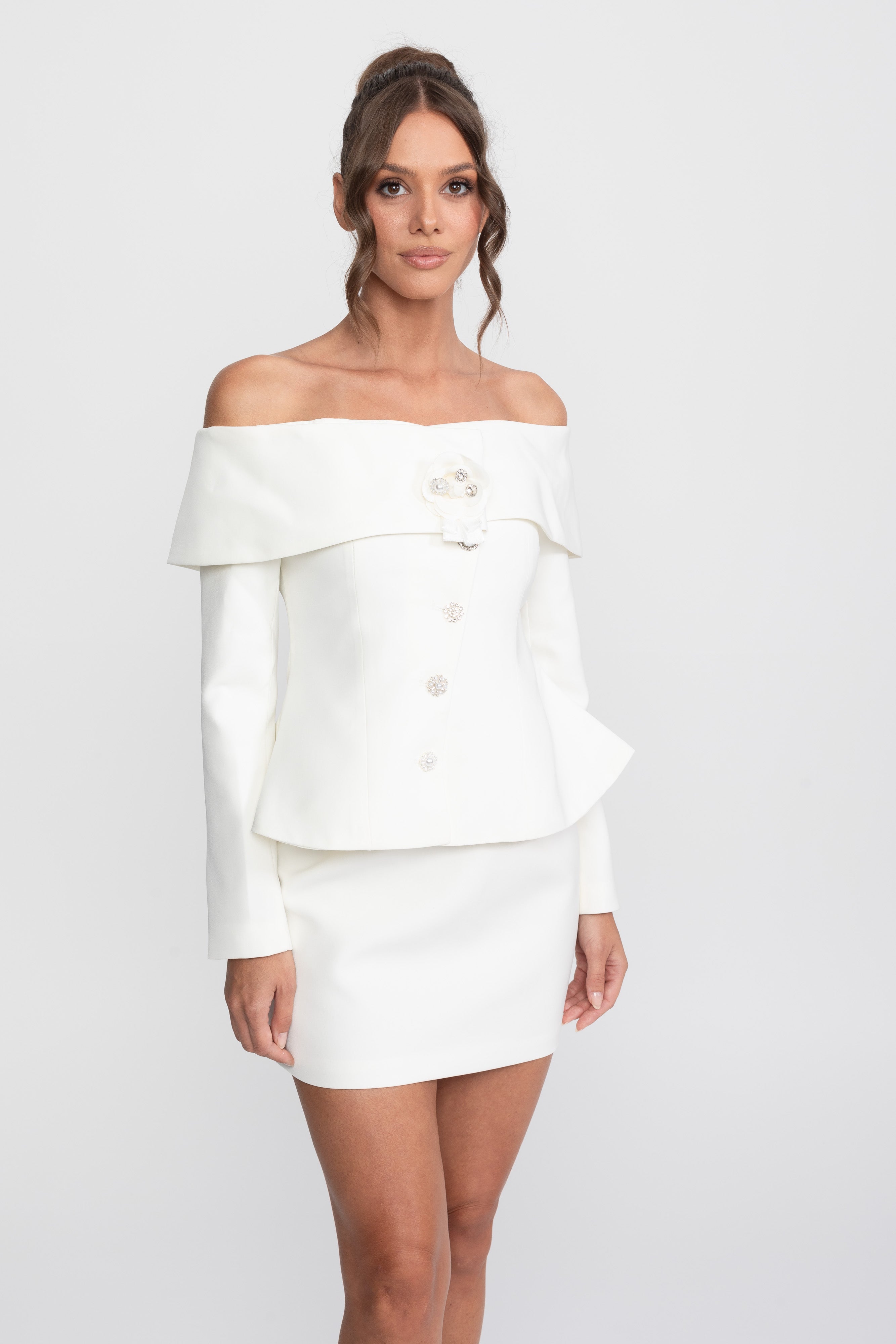 Elegant Co-ord Set With Off-Shoulder Peplum Top And Mini Skirt - White