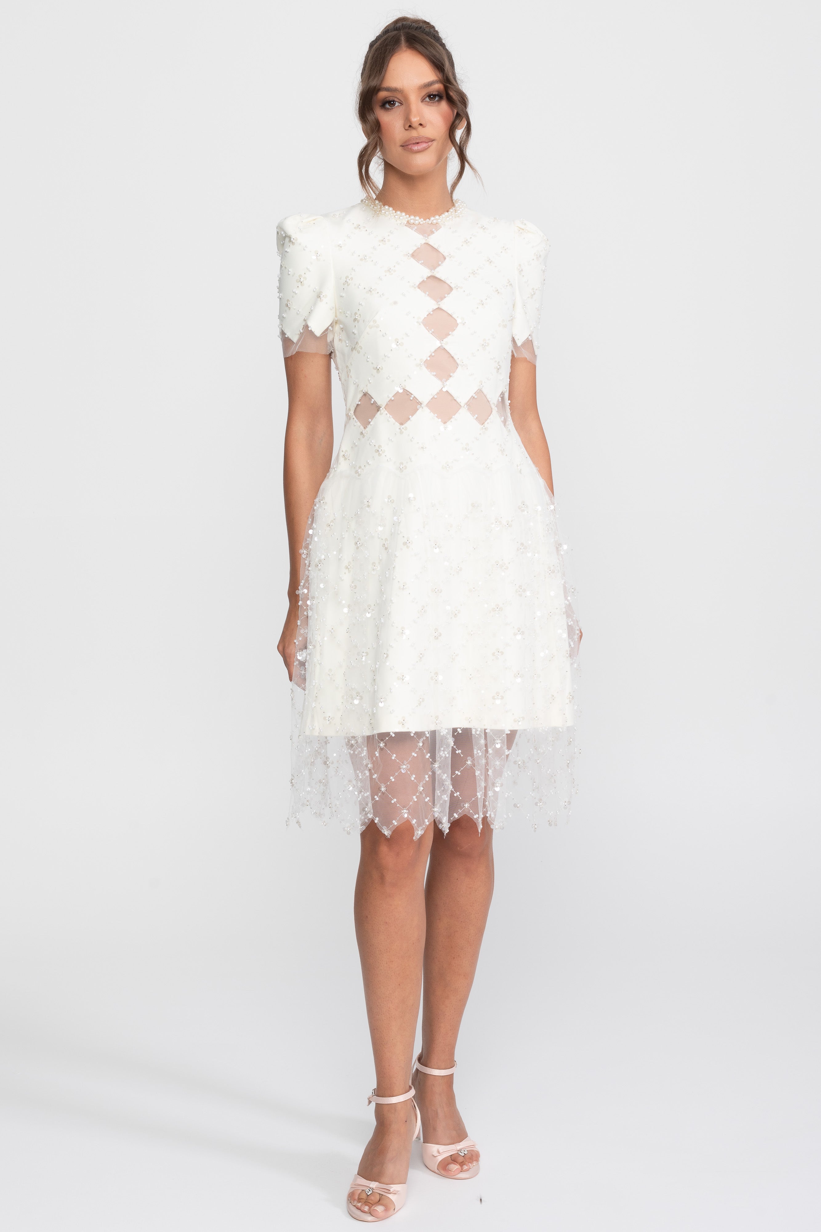 Diamond Cut-Out Beaded Dress With Pearl Trim - White