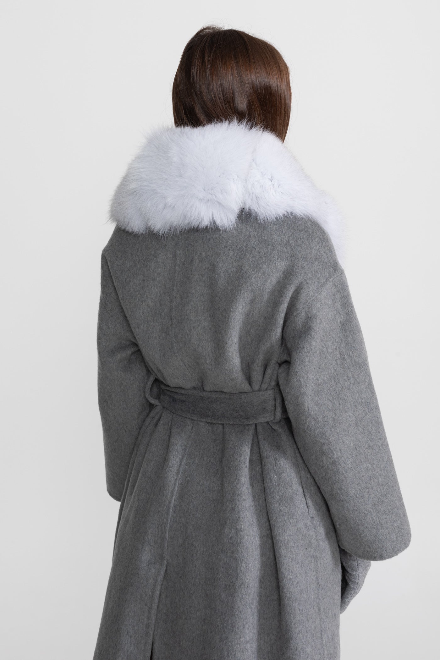 Wool Wrap Coat with Fox Fur Collar And Tie Belt – Gray