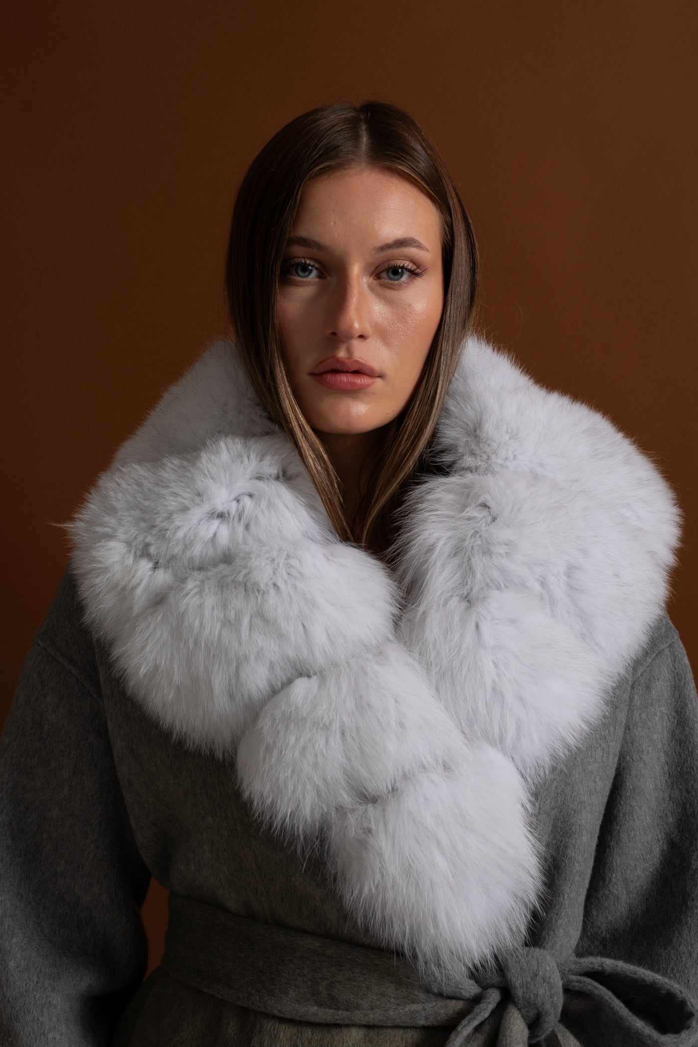 Wool Wrap Coat with Fox Fur Collar And Tie Belt – Gray