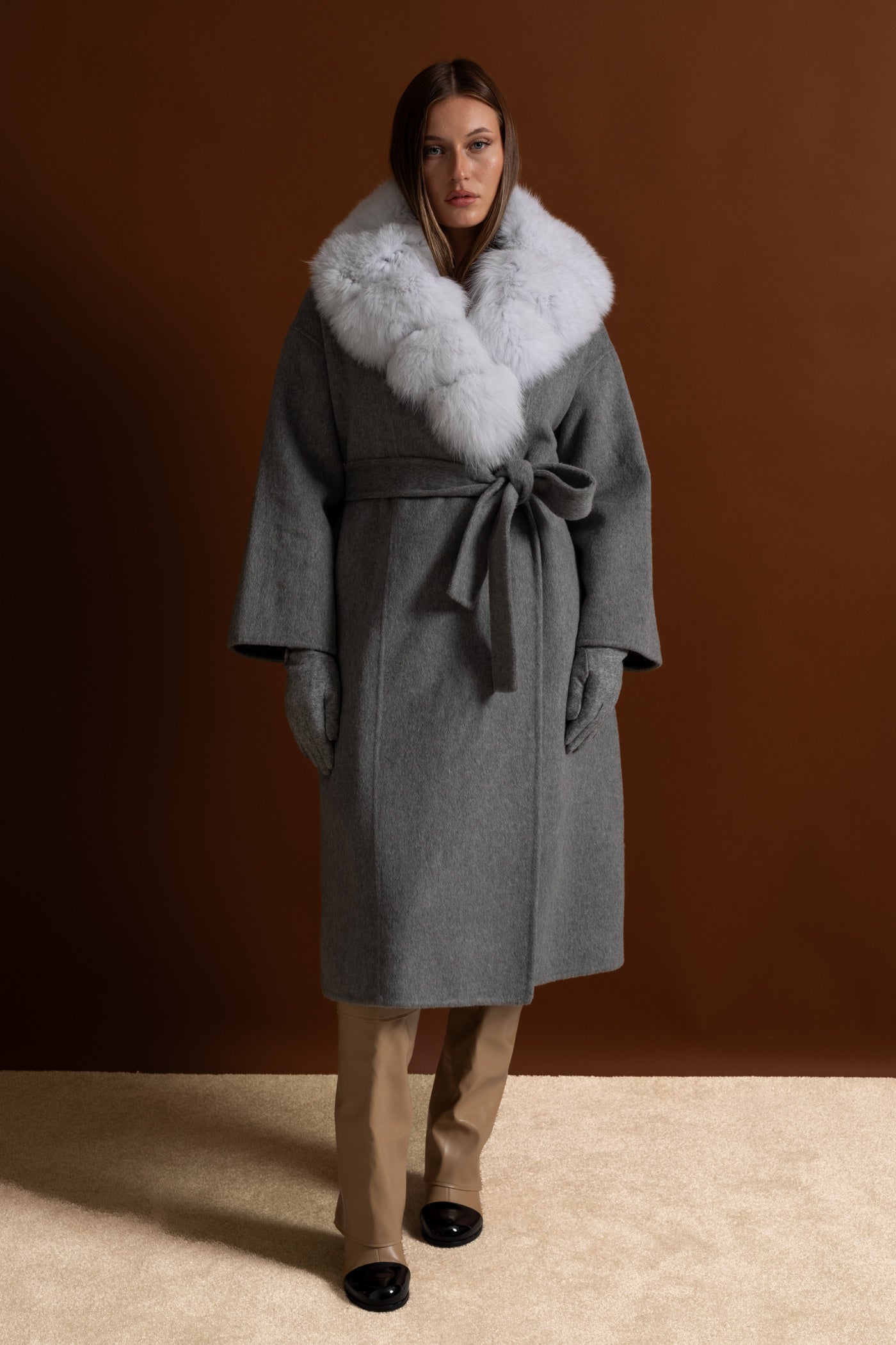Wool Wrap Coat with Fox Fur Collar And Tie Belt – Gray