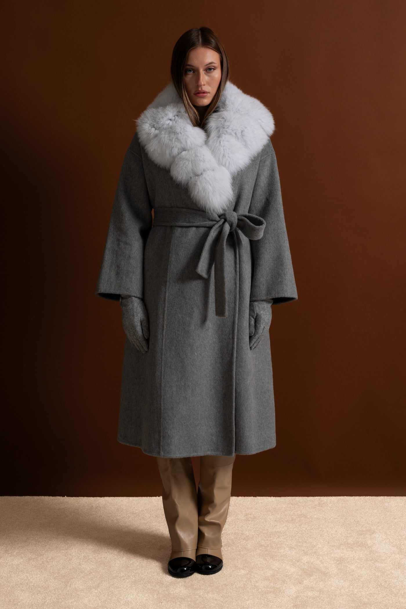 Wool Wrap Coat with Fox Fur Collar And Tie Belt – Gray