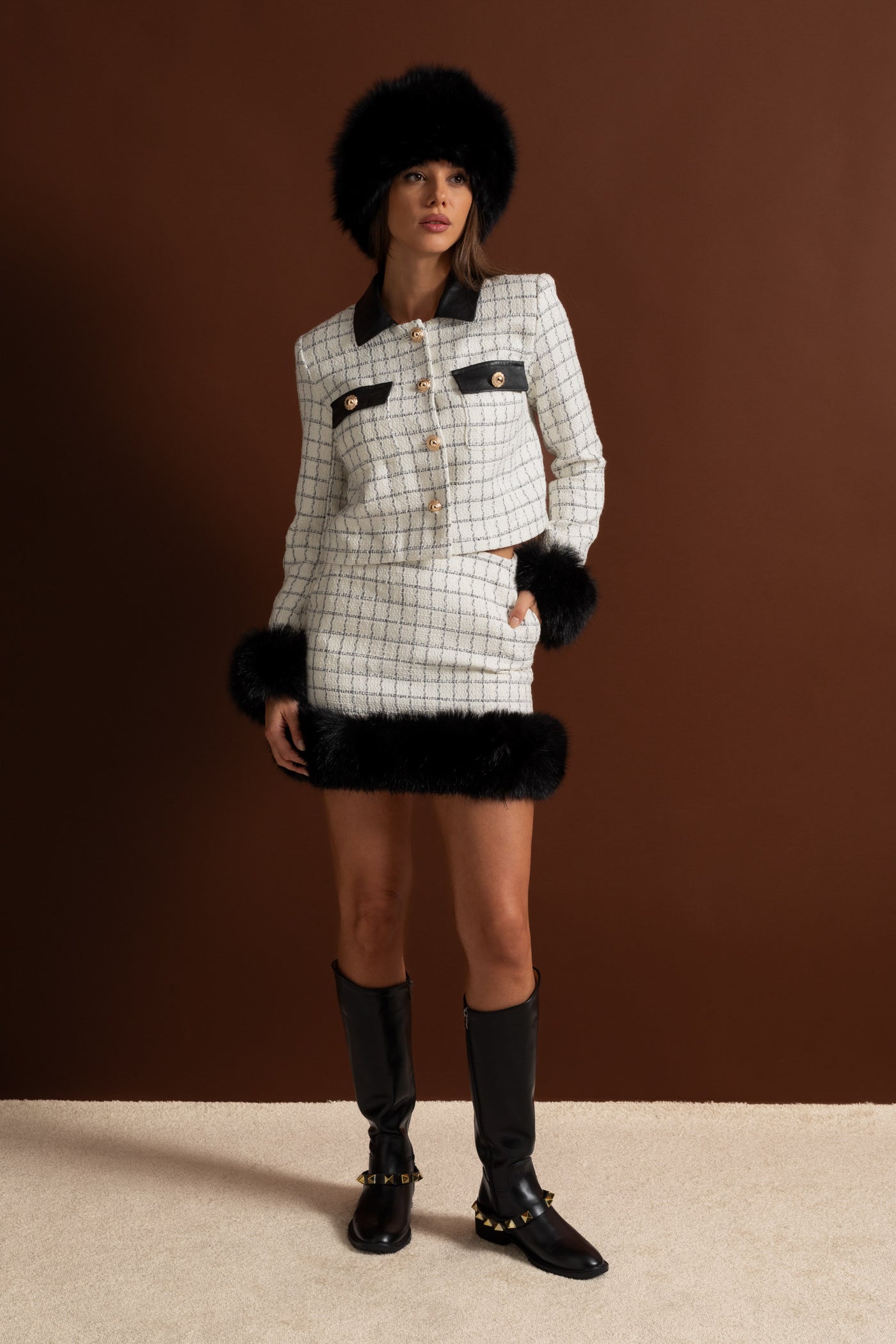Tweed Co-Ord Set With Faux Fur Trim And Contrast Leather Details – White And Black