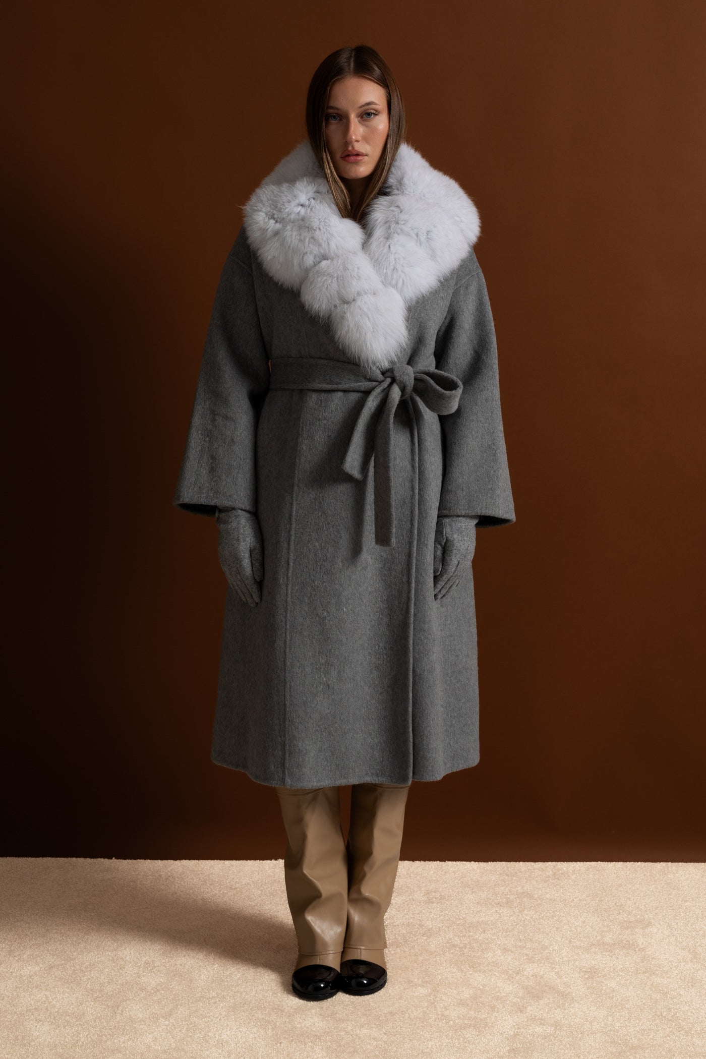 Wool Wrap Coat with Fox Fur Collar And Tie Belt – Gray