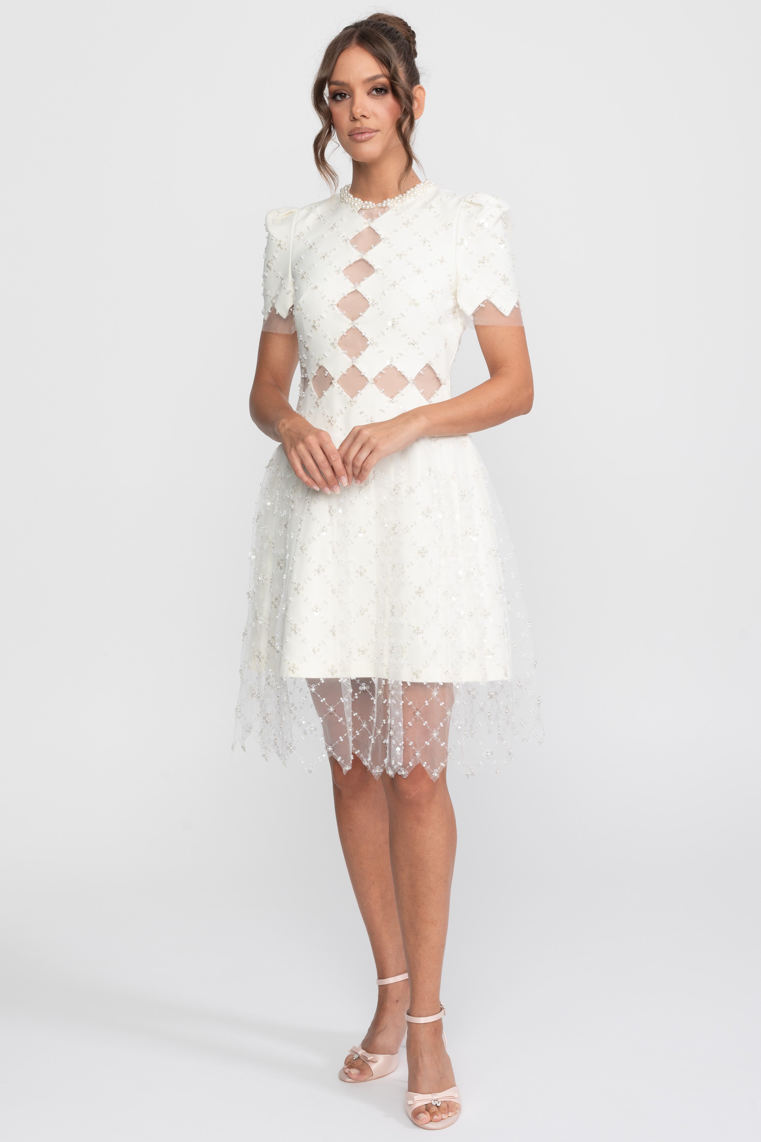 Diamond Cut-Out Beaded Dress With Pearl Trim - White