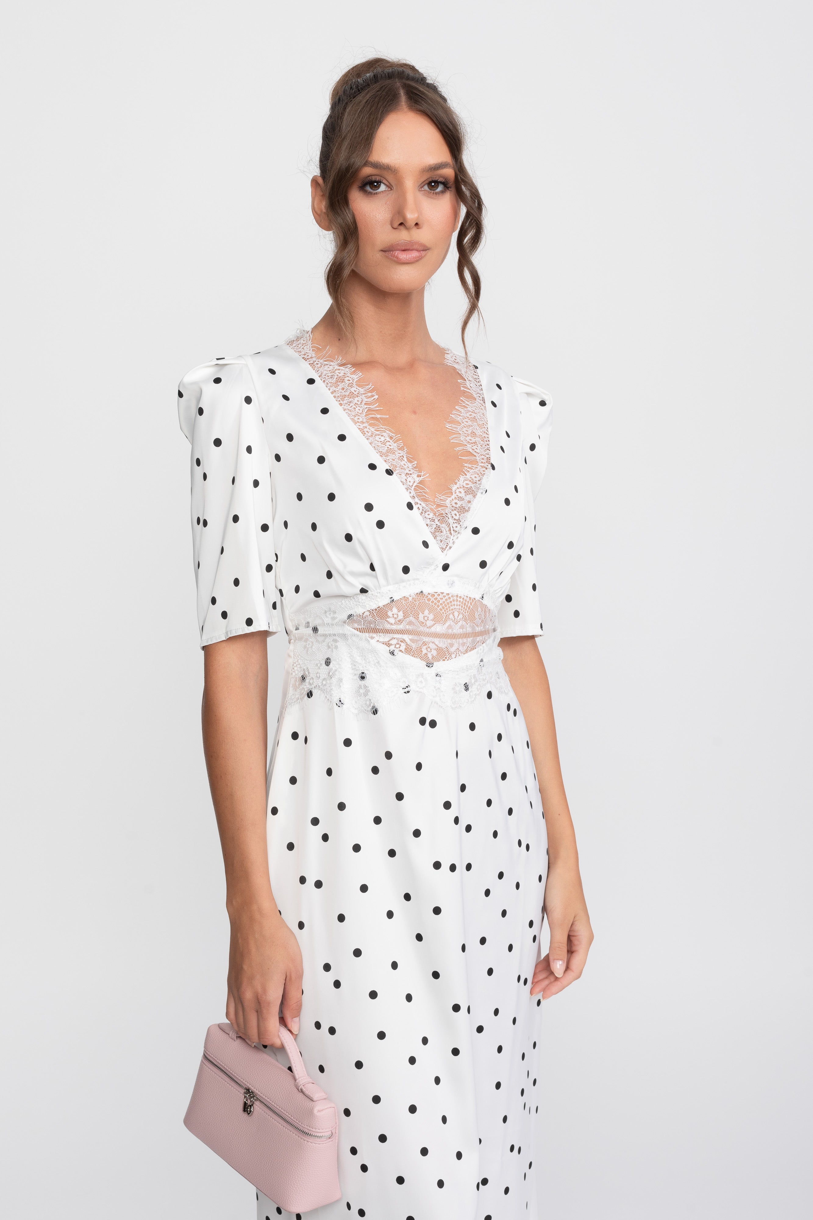 Lace-Trim Polka Dot Midi Dress With Puff Sleeves - White
