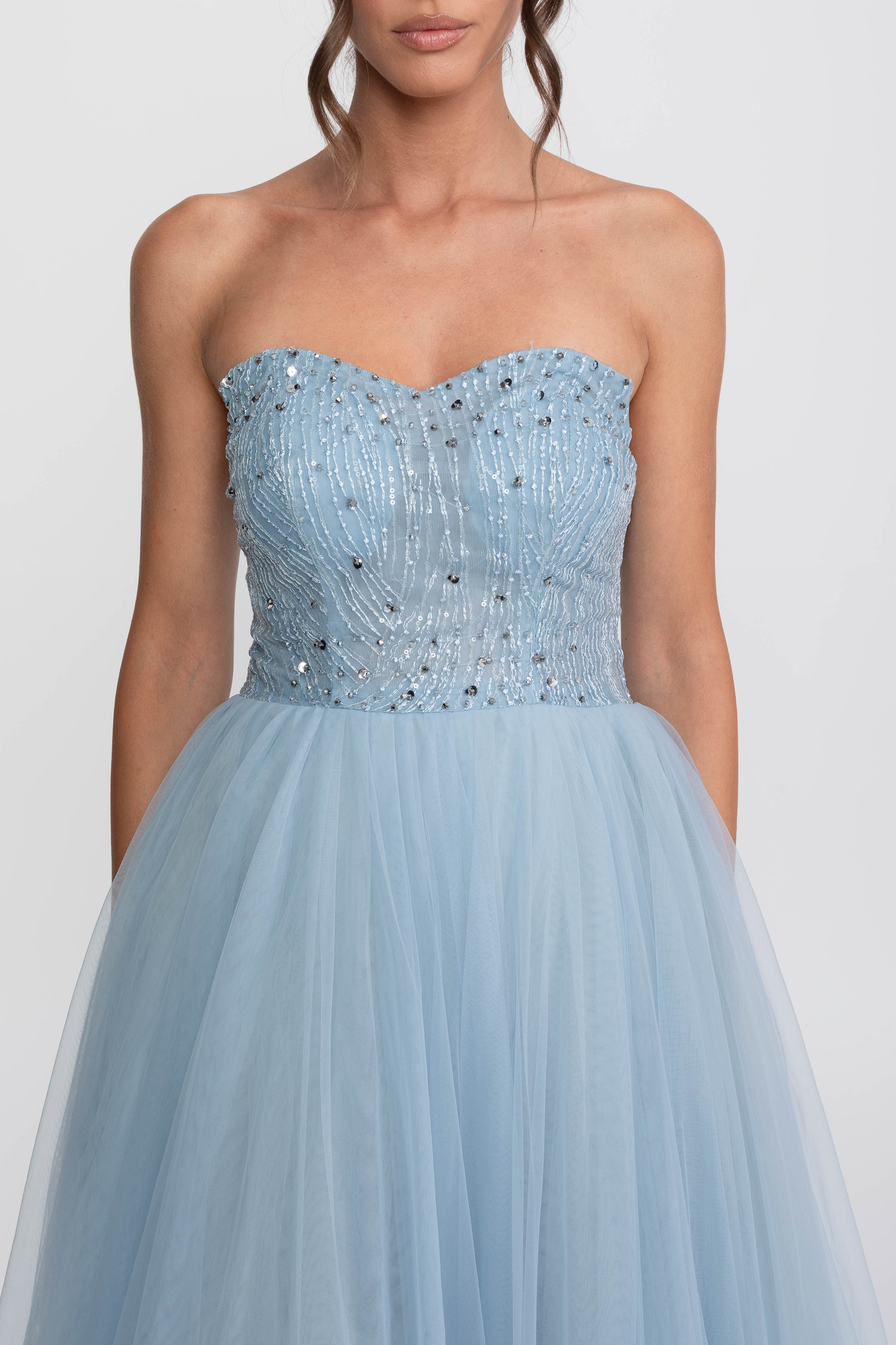 Tulle Strapless Ball Gown With Sequin Embellishments - Light Blue