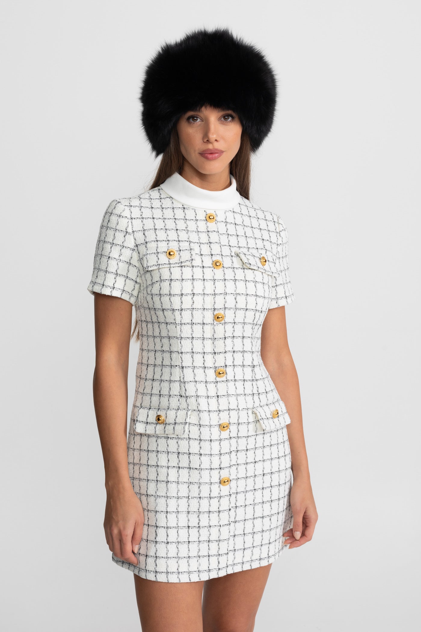 Short Sleeve Tweed Mini Dress With Contrast Collar – White And Black