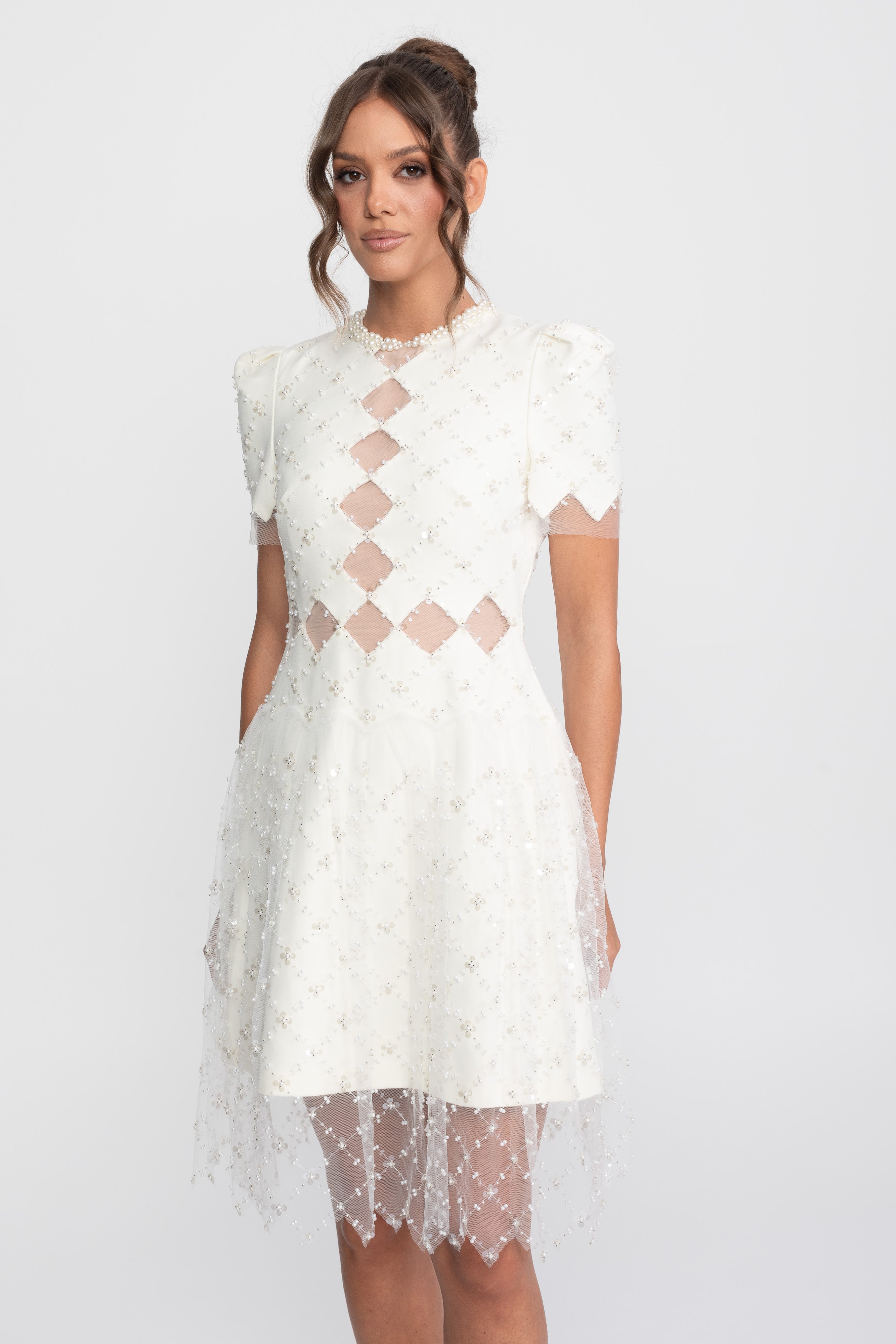Diamond Cut-Out Beaded Dress With Pearl Trim - White