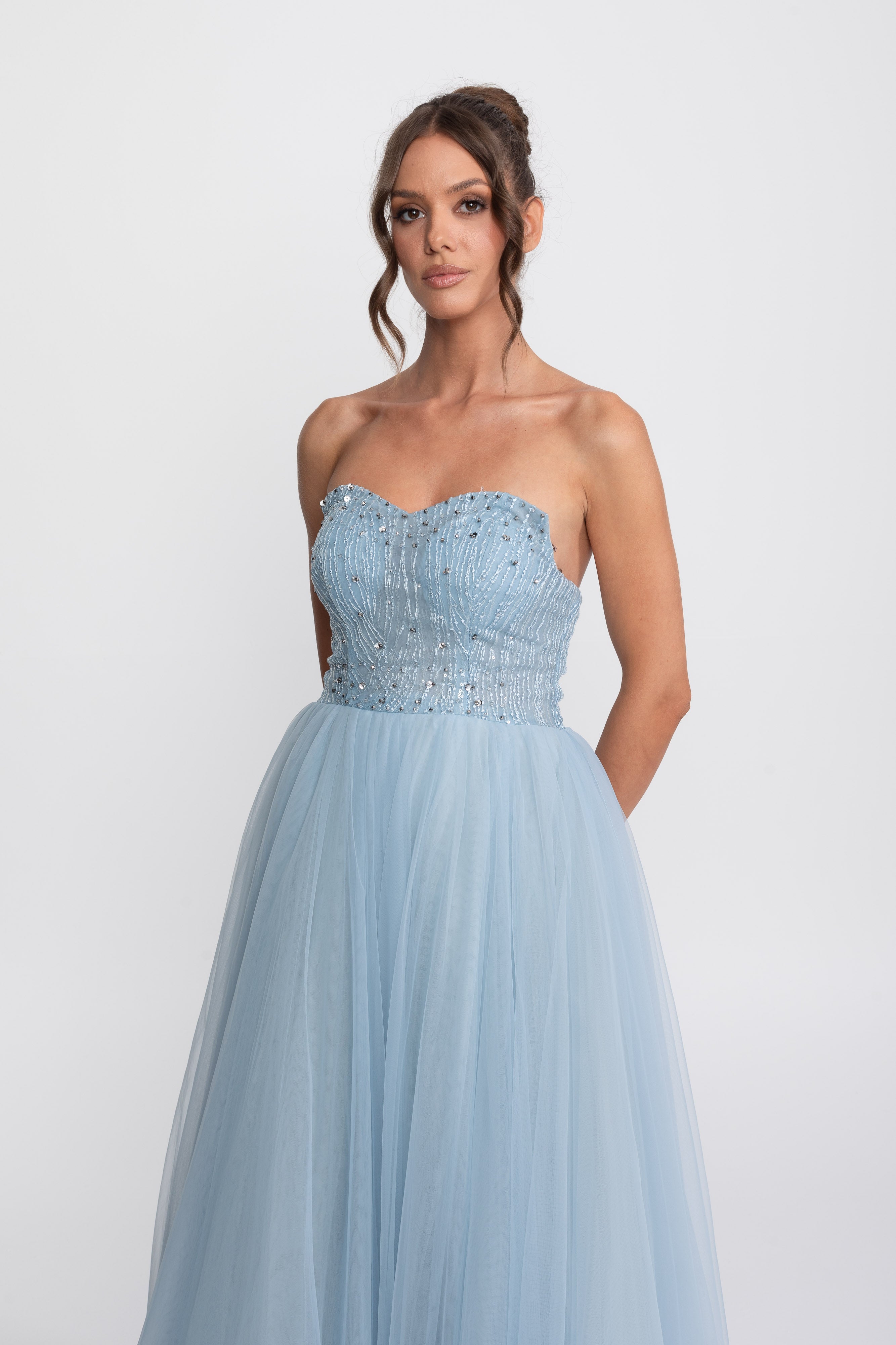 Tulle Strapless Ball Gown With Sequin Embellishments - Light Blue