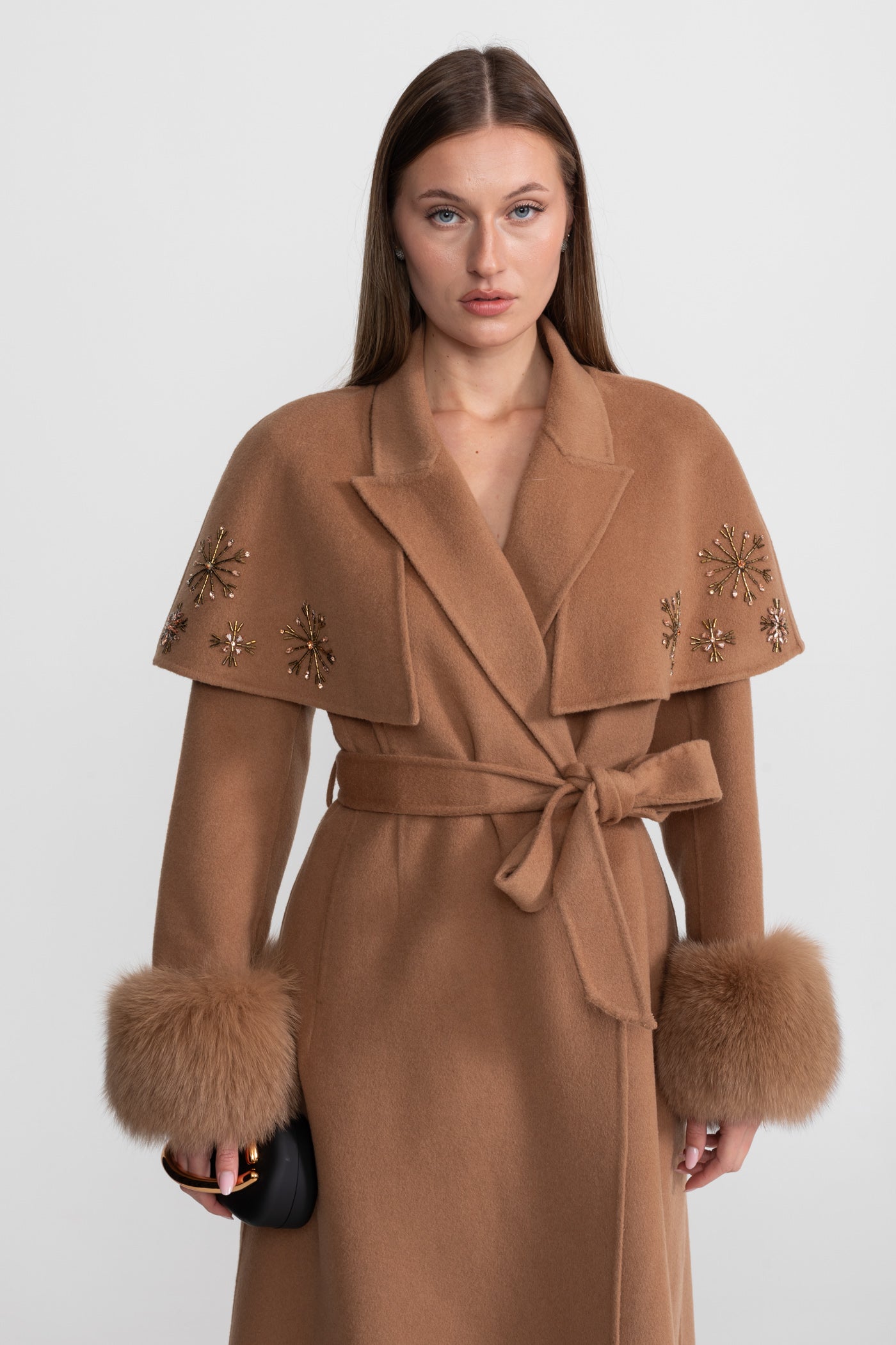 Embellished Wool Coat with Fox Fur Cuffs And Cape Overlay - Light Brown