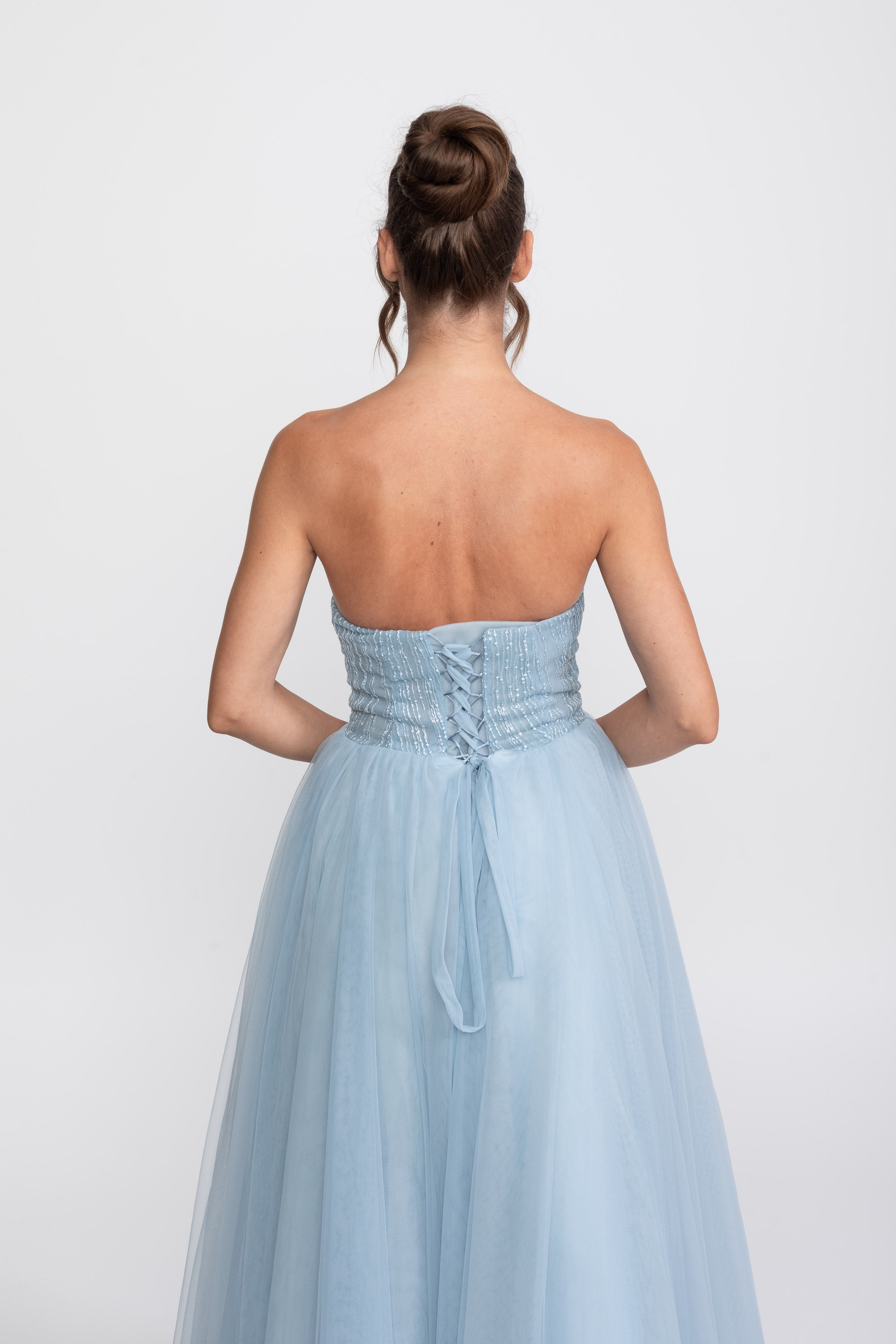 Tulle Strapless Ball Gown With Sequin Embellishments - Light Blue
