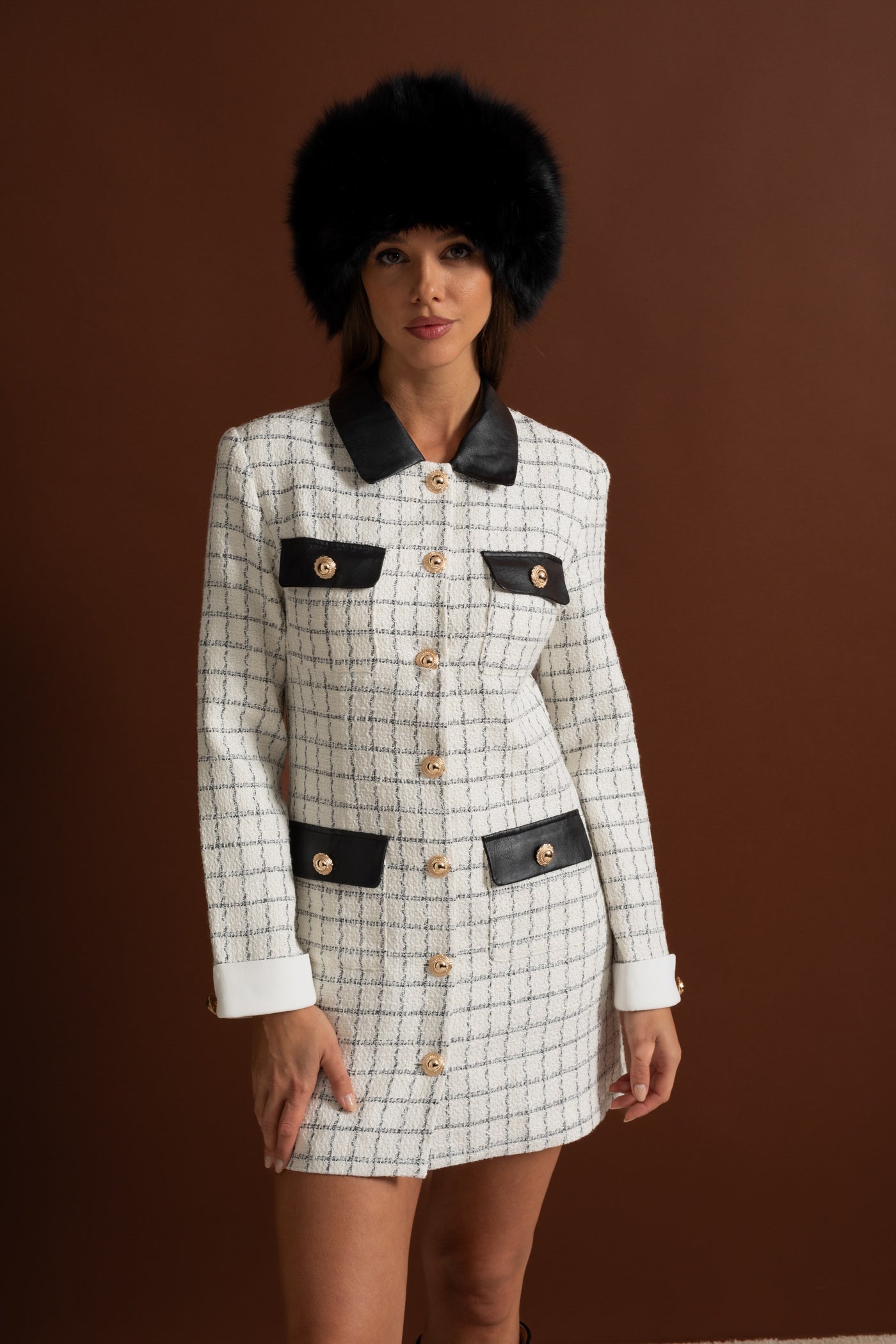 Long Sleeve Tweed Mini Dress With Contrasting Leather Details – White And Black