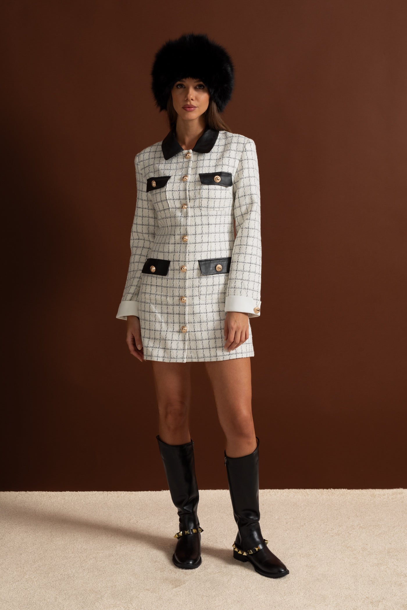 Long Sleeve Tweed Mini Dress With Contrasting Leather Details – White And Black