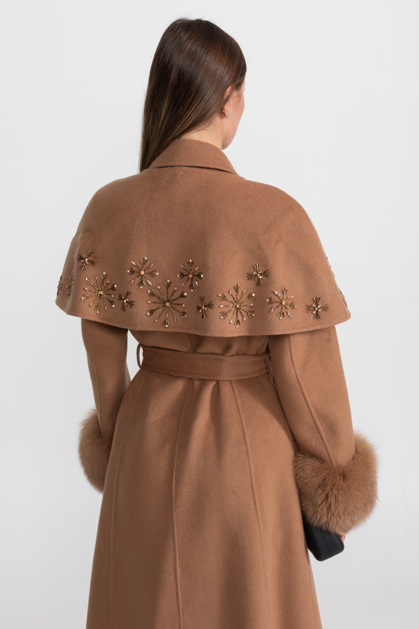 Embellished Wool Coat with Fox Fur Cuffs And Cape Overlay - Light Brown