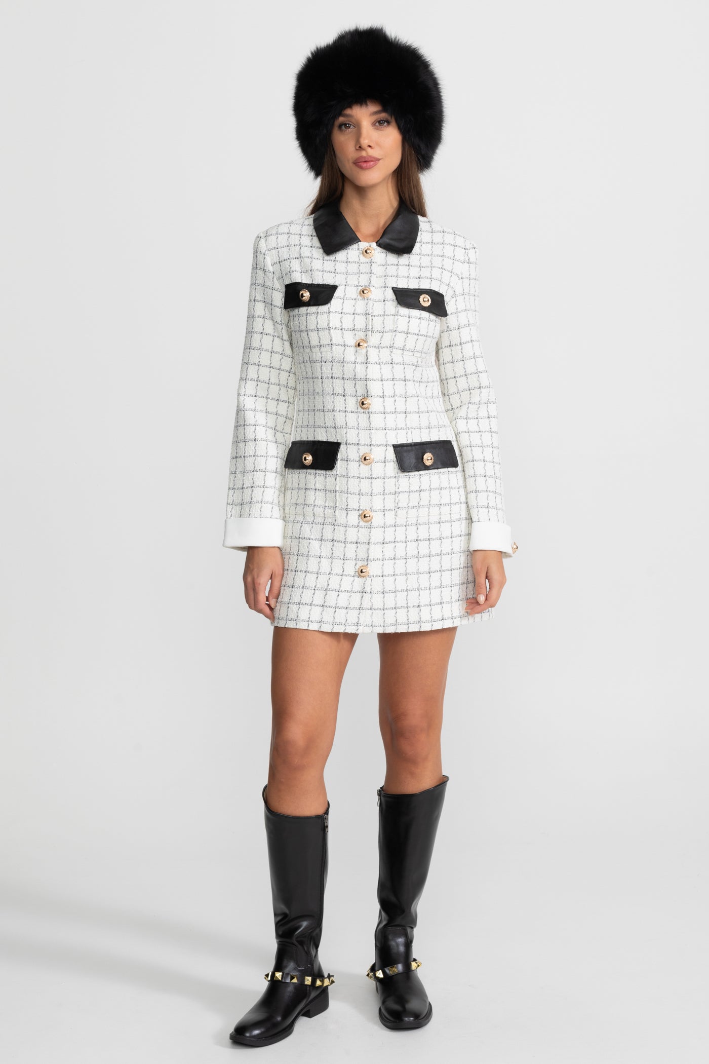 Long Sleeve Tweed Mini Dress With Contrasting Leather Details White And Black, S Long Sleeve Tweed Mini Dress With Contrasting Leather Details White And Black, S