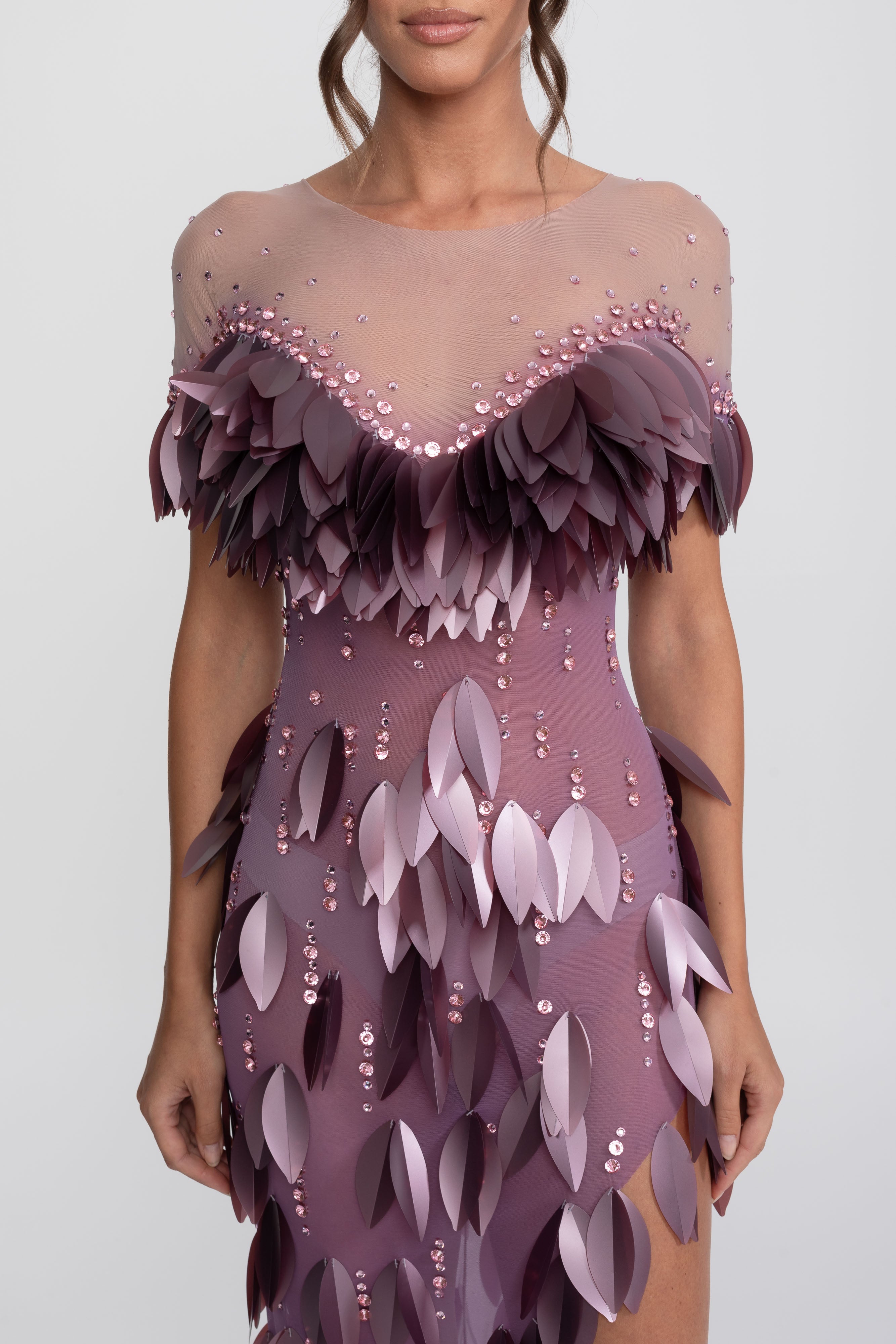 3D Petal Beaded Slit Dress With Short Sleeves - Purple