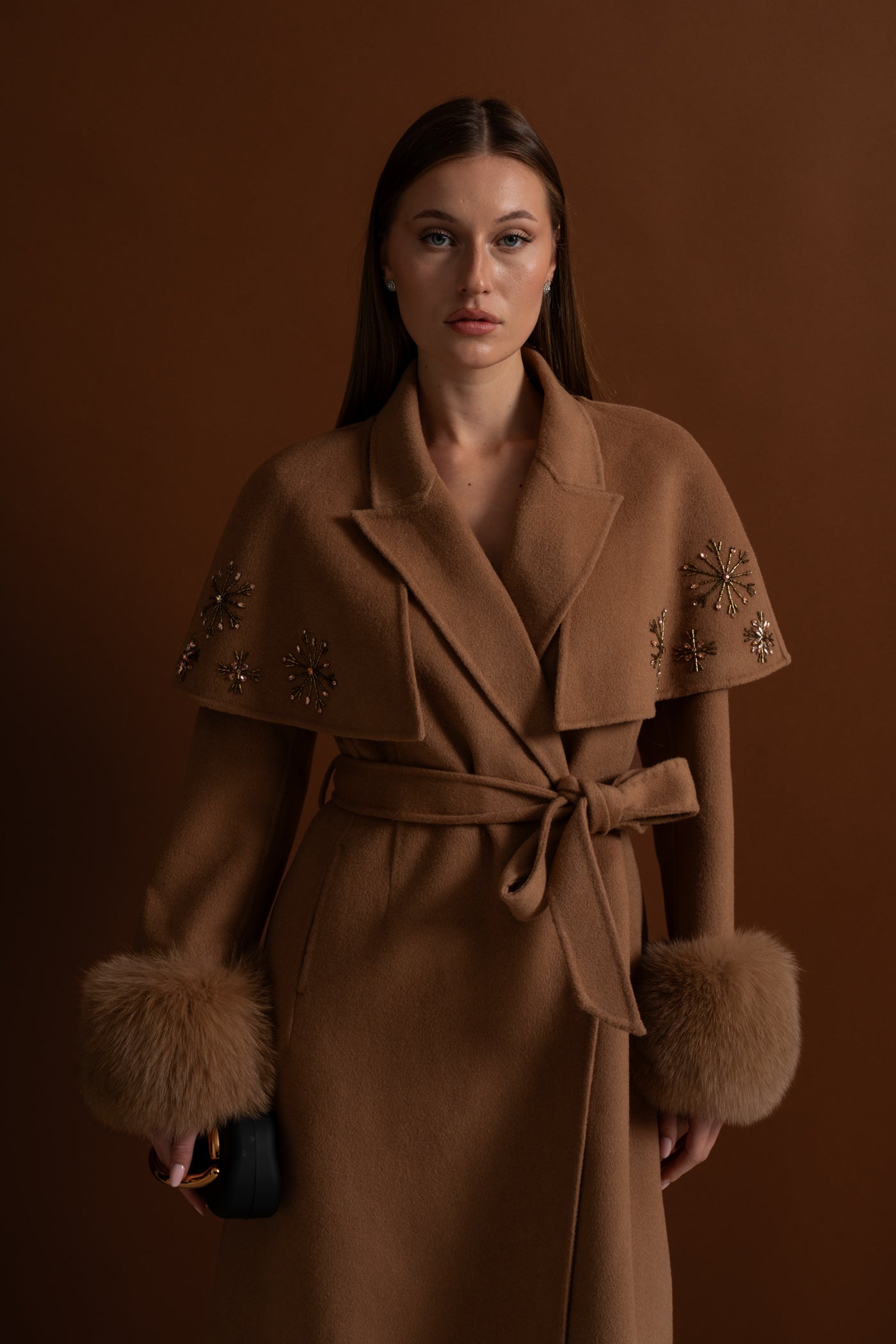 Embellished Wool Coat with Fox Fur Cuffs And Cape Overlay - Light Brown