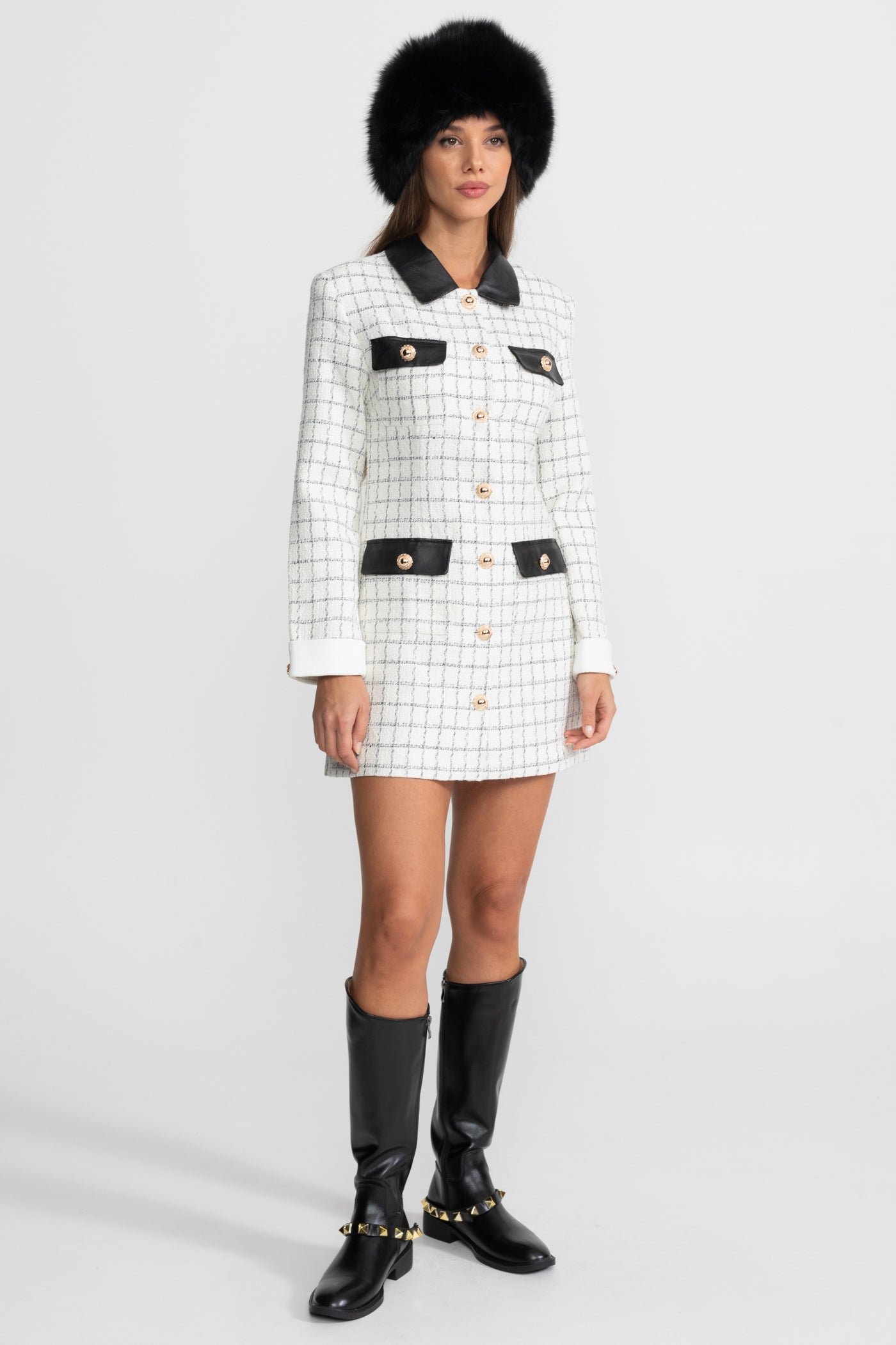 Long Sleeve Tweed Mini Dress With Contrasting Leather Details – White And Black