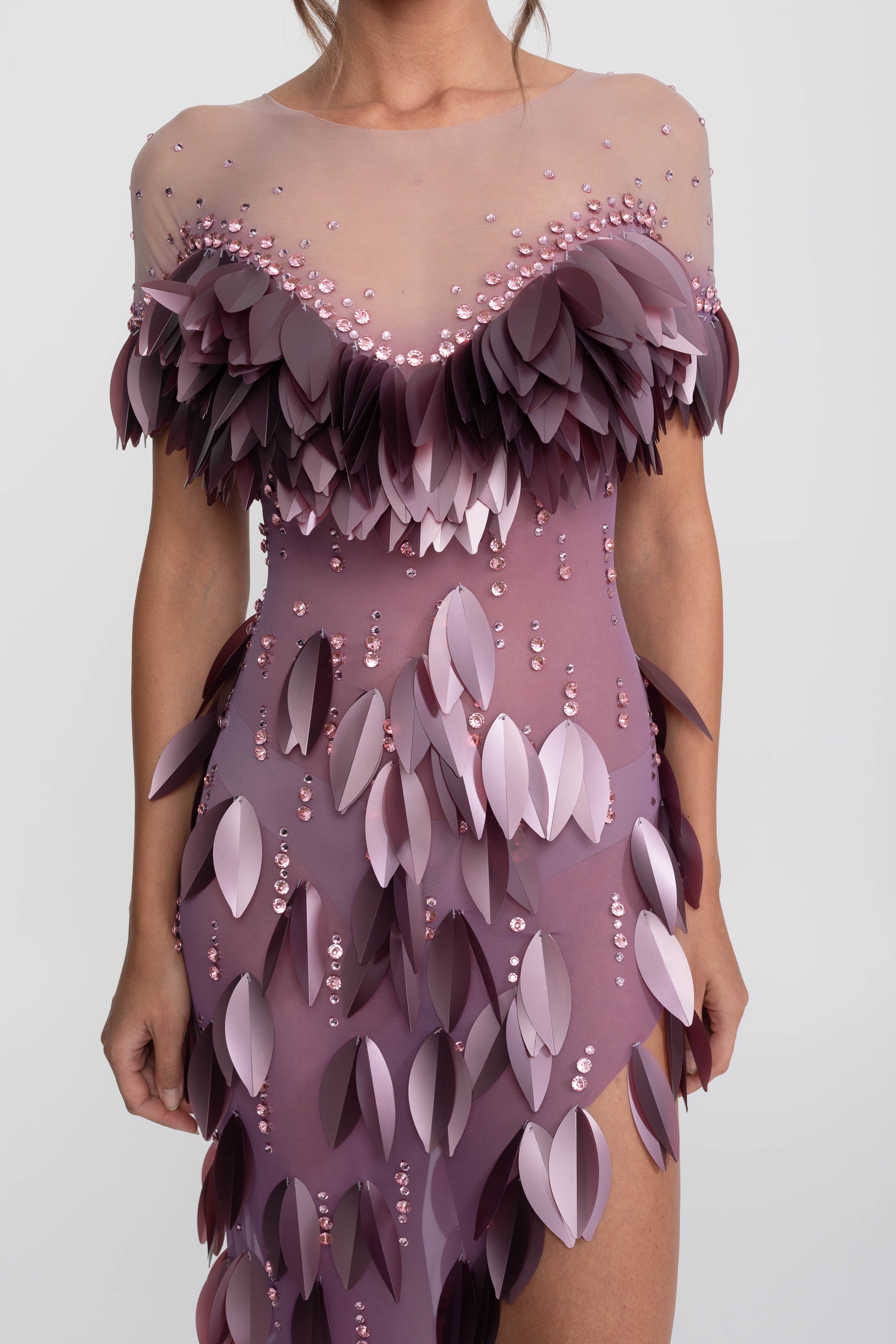 3D Petal Beaded Slit Dress With Short Sleeves - Purple