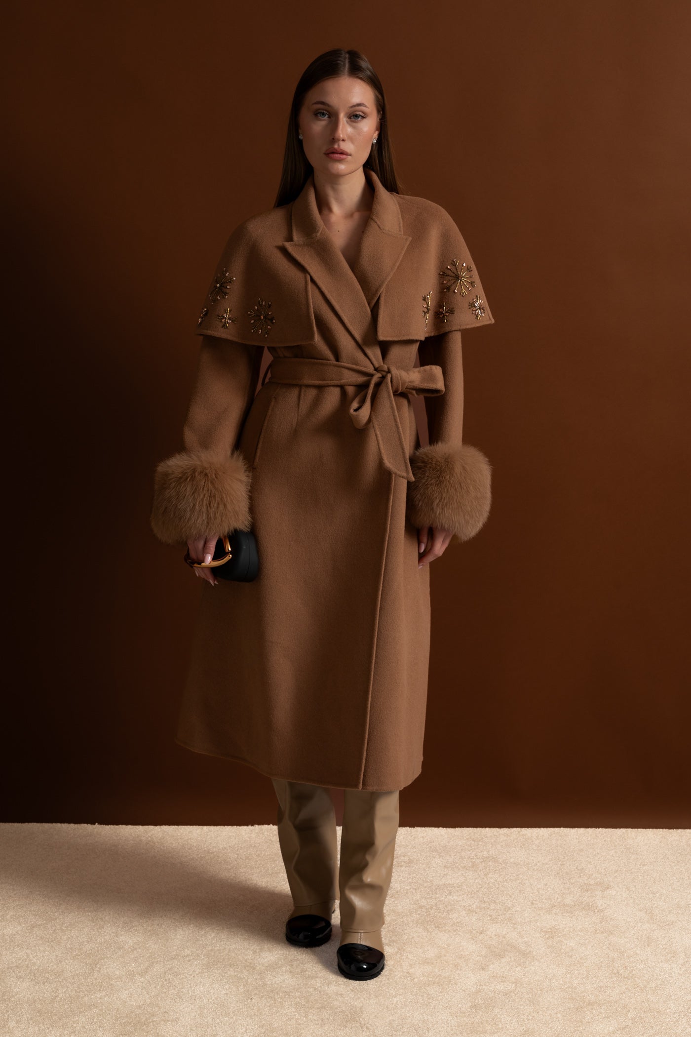 Embellished Wool Coat with Fox Fur Cuffs And Cape Overlay - Light Brown