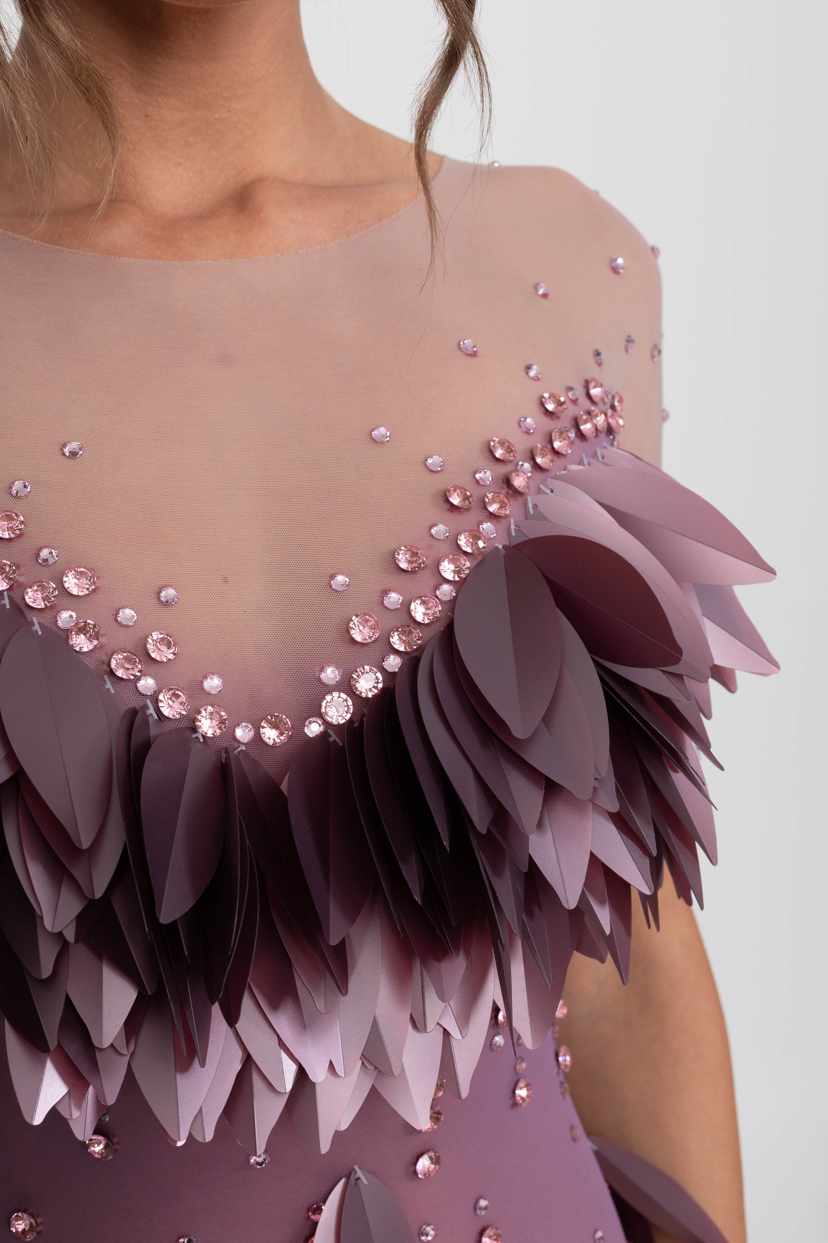 3D Petal Beaded Slit Dress With Short Sleeves - Purple