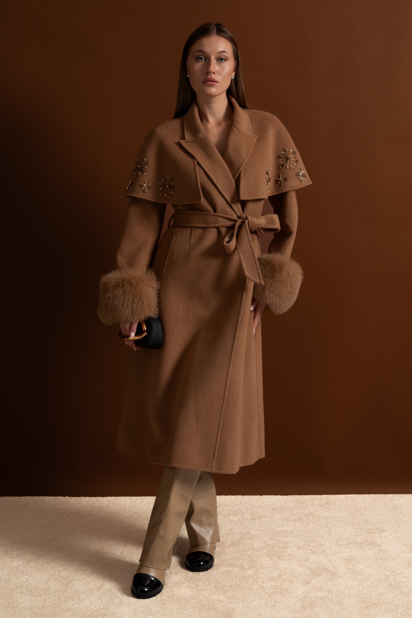 Embellished Wool Coat with Fox Fur Cuffs And Cape Overlay - Light Brown