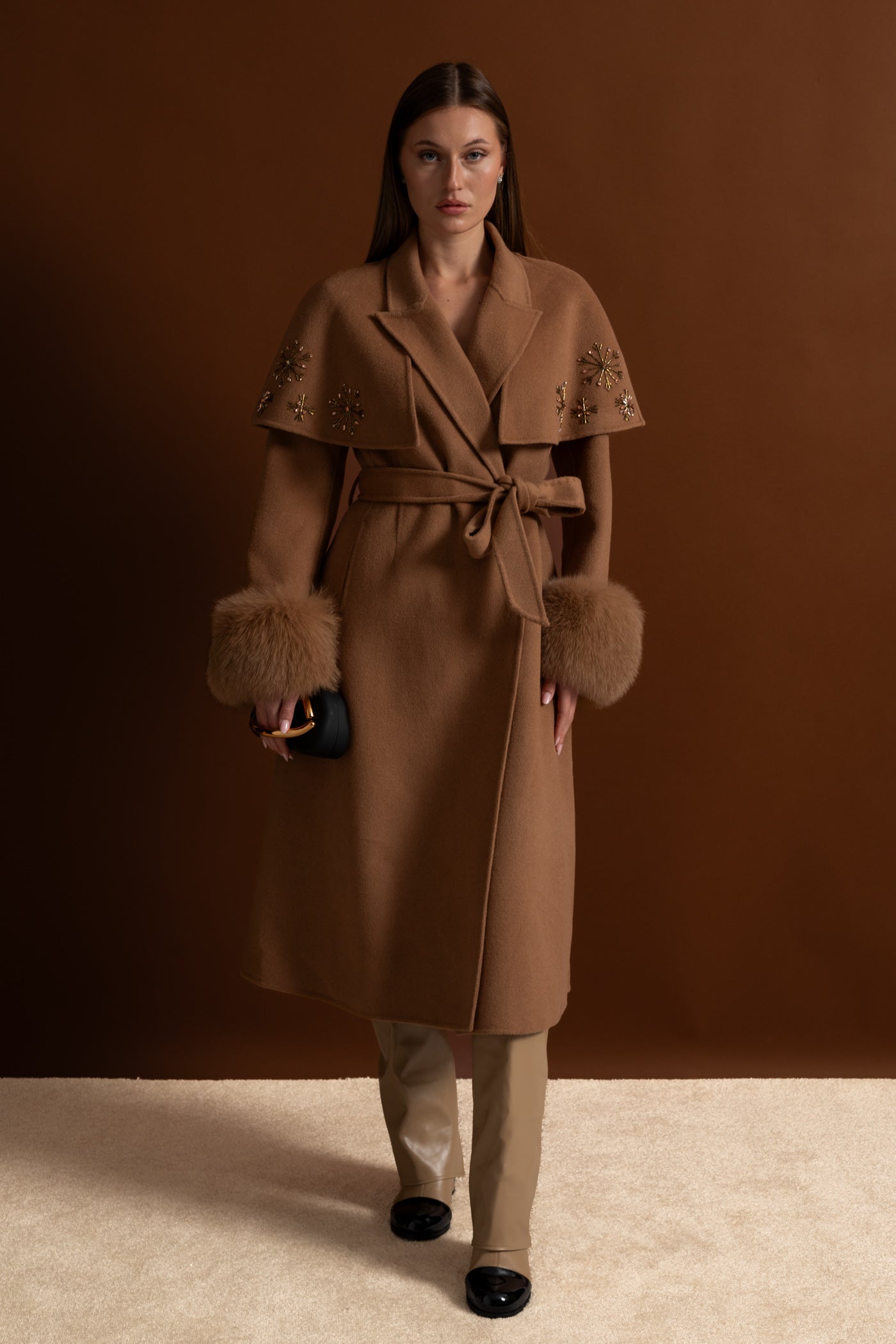 Embellished Wool Coat with Fox Fur Cuffs And Cape Overlay - Light Brown