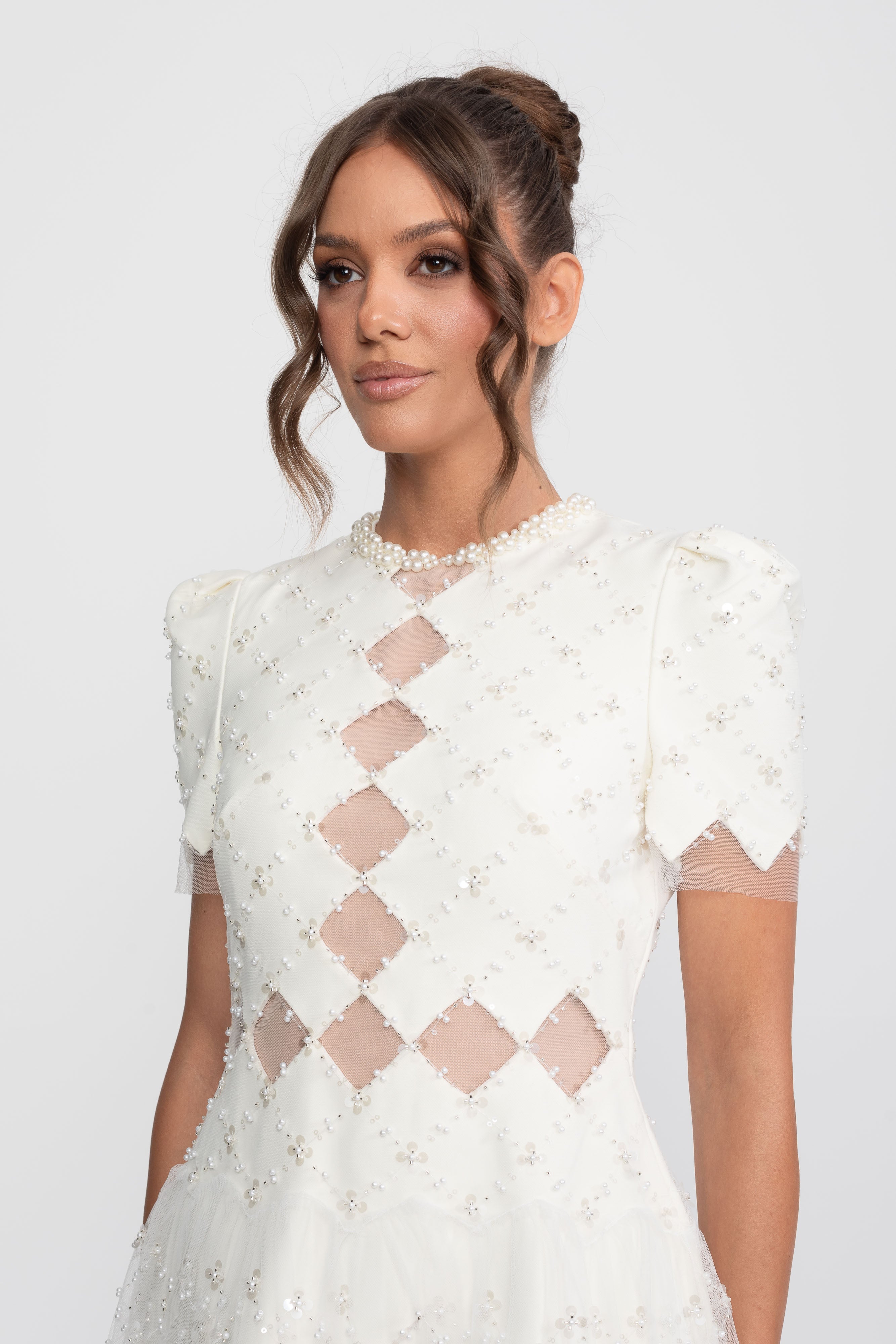 Diamond Cut-Out Beaded Dress With Pearl Trim - White