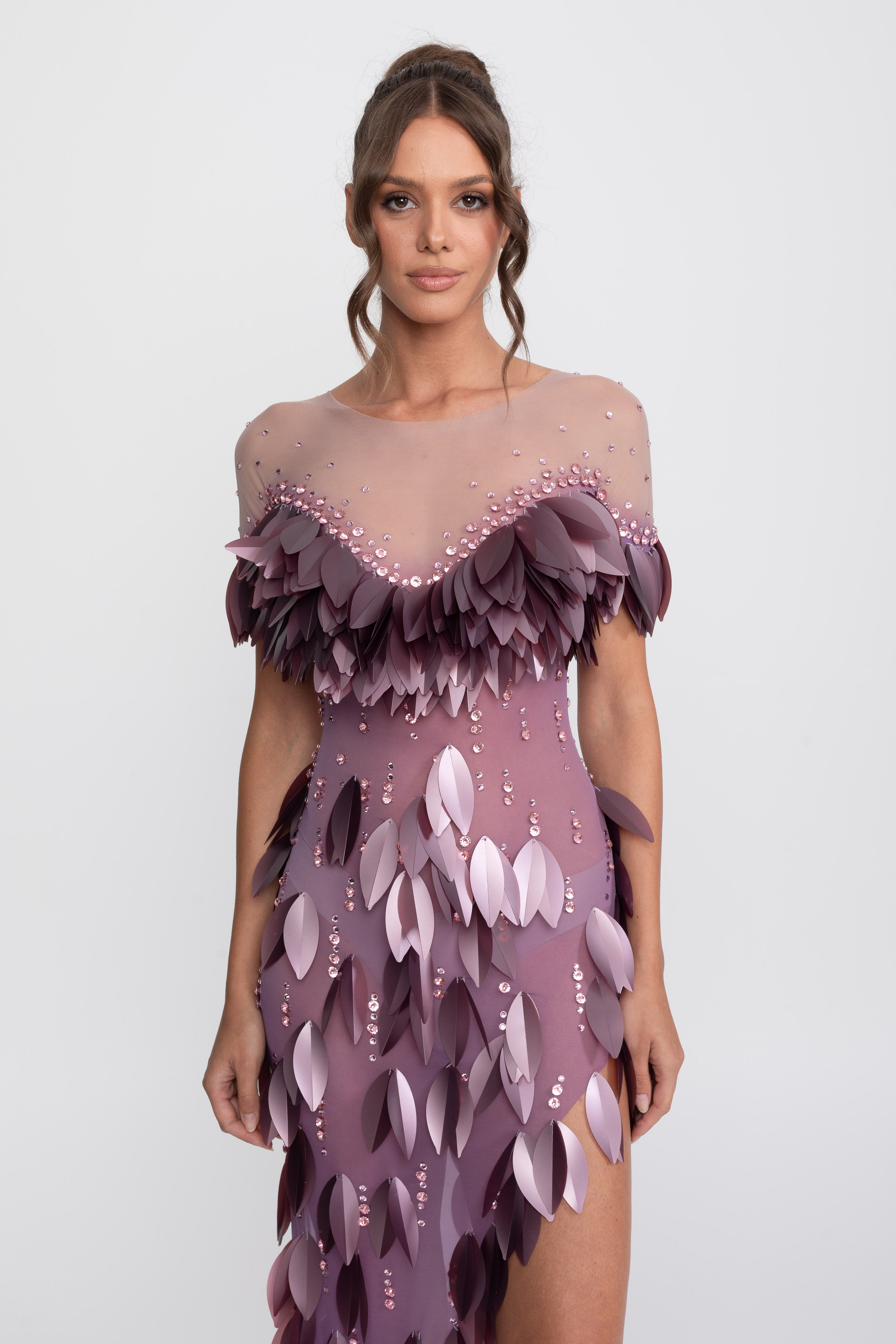 3D Petal Beaded Slit Dress With Short Sleeves - Purple