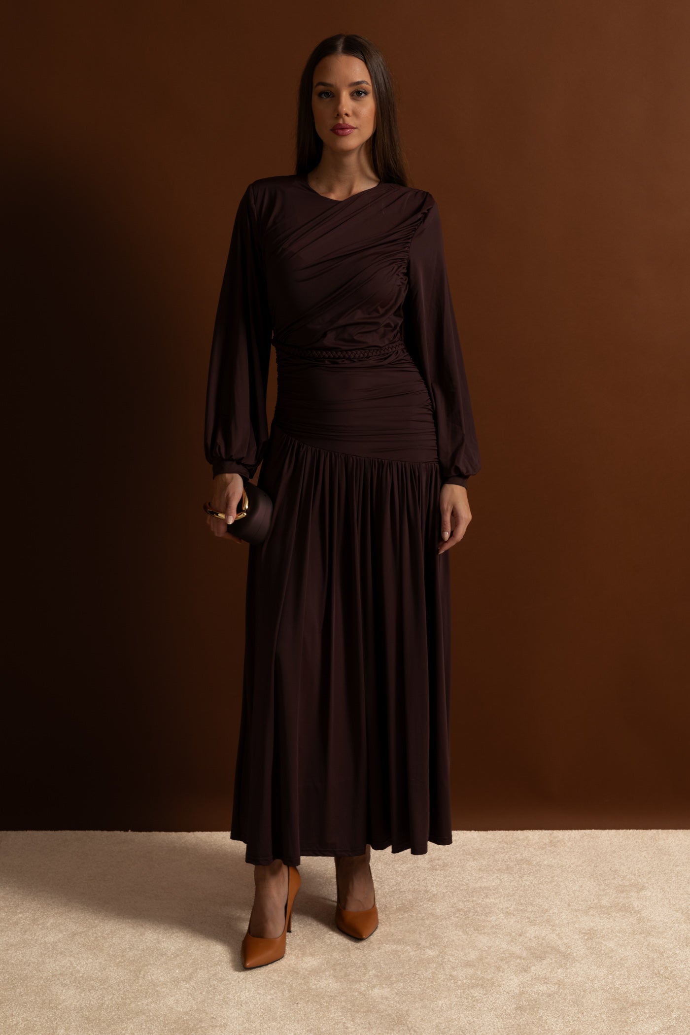 Draped Maxi Dress with Braided Waist Detail - Brown