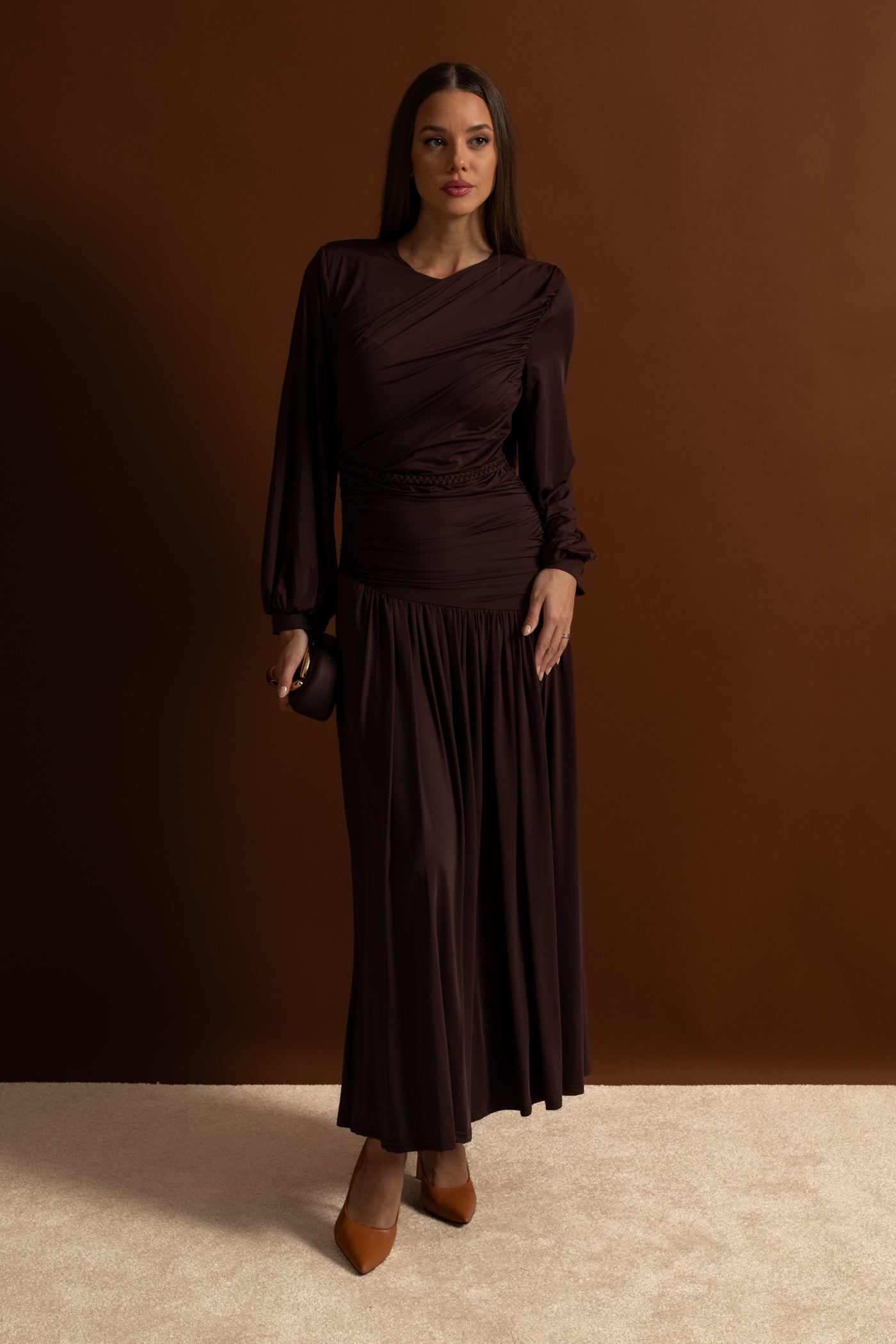 Draped Maxi Dress with Braided Waist Detail - Brown