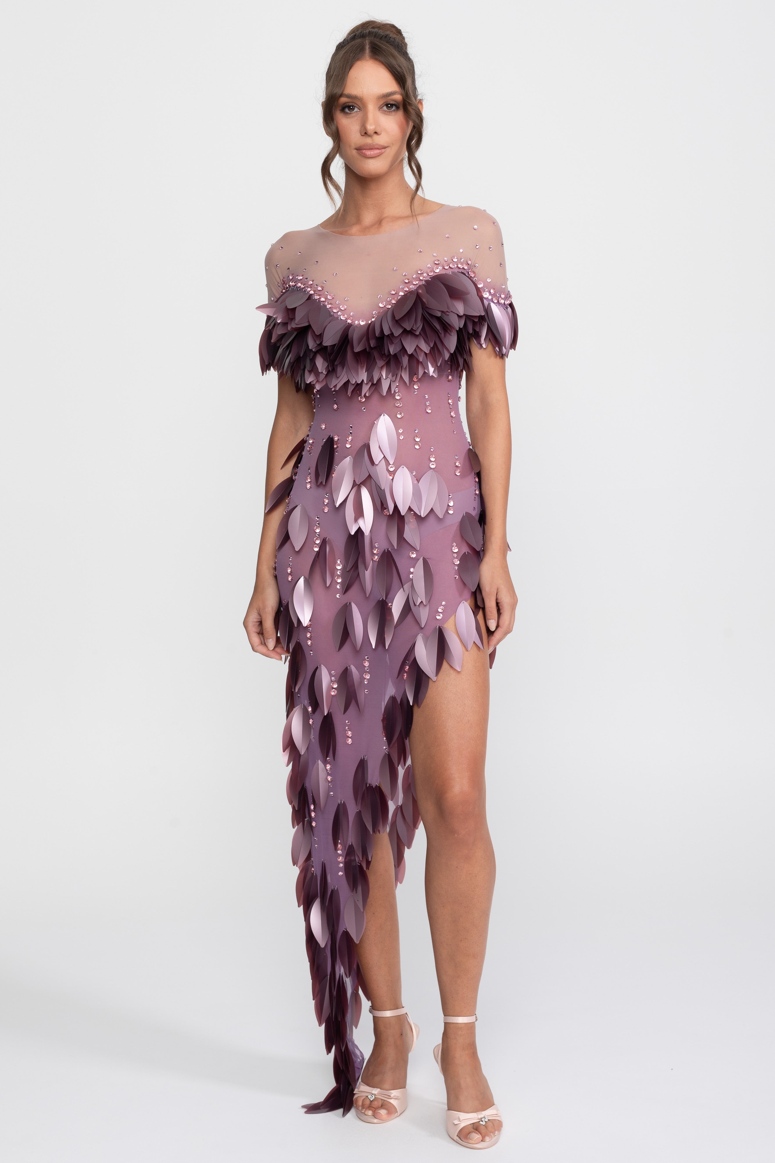 3D Petal Beaded Slit Dress With Short Sleeves - Purple